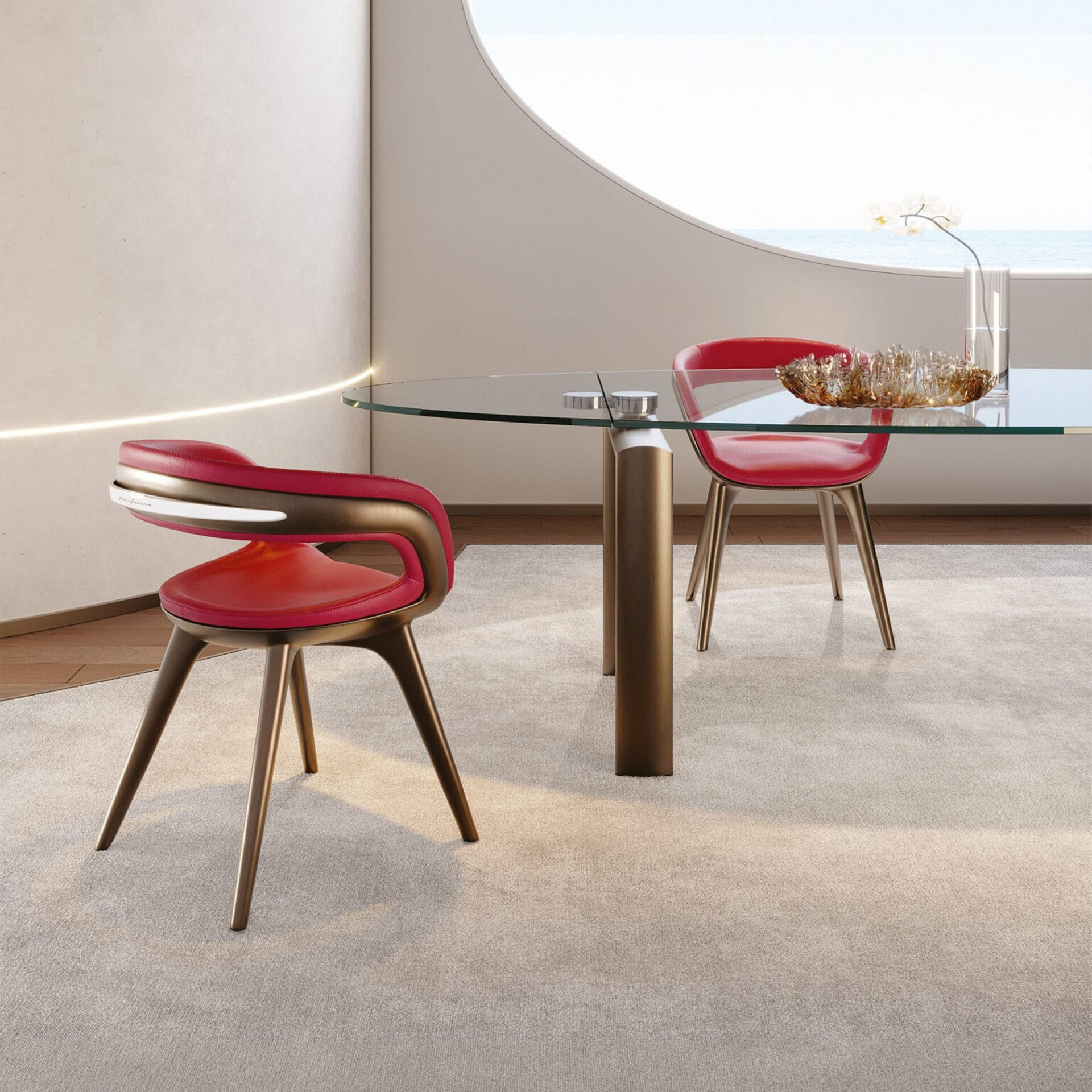 Dining room setting featuring Nido Wood Dining Chairs in red leather around a modern glass dining table by Reflex Angelo..