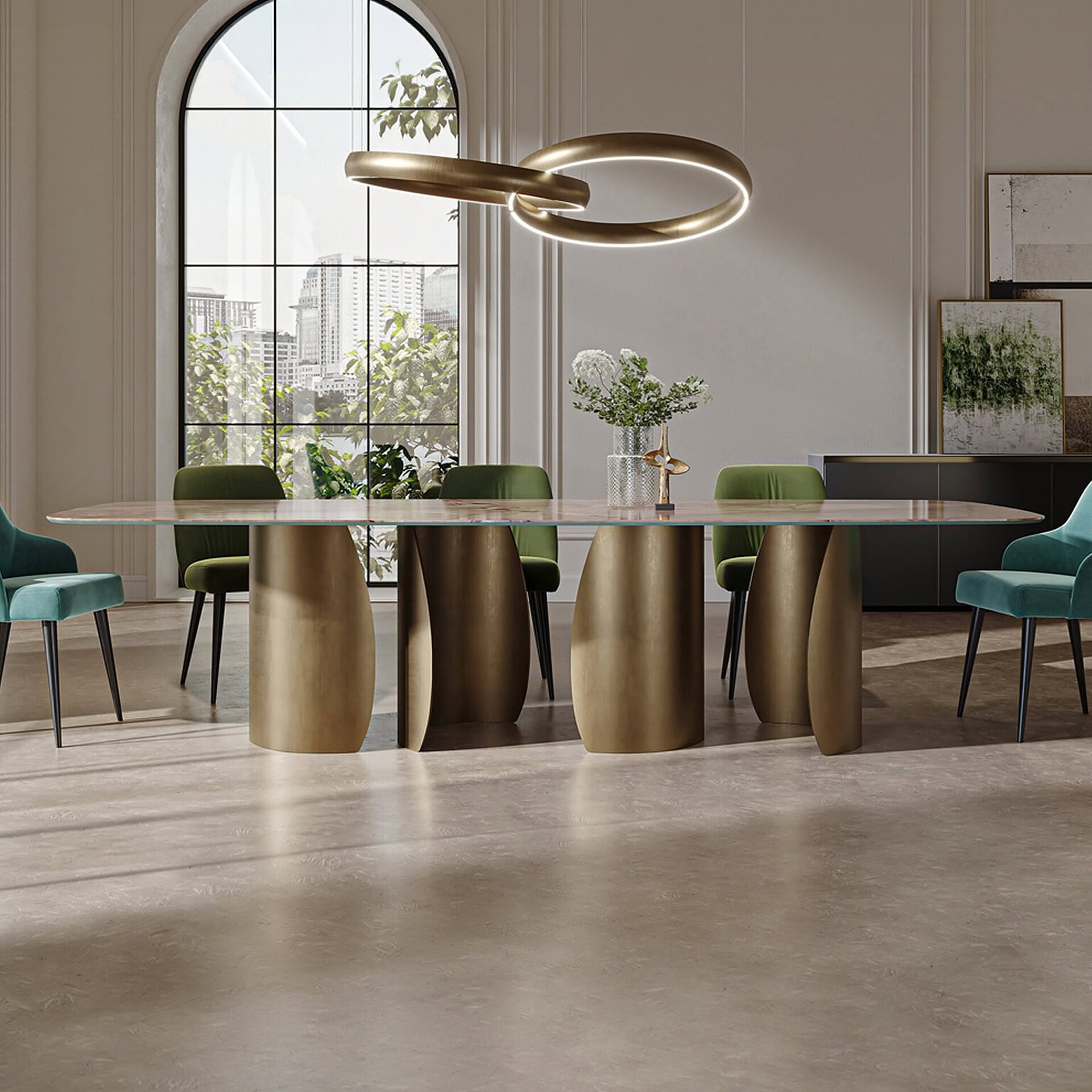 Modern Petalo 72 dining table with gold base and marble top in stylish dining room.
