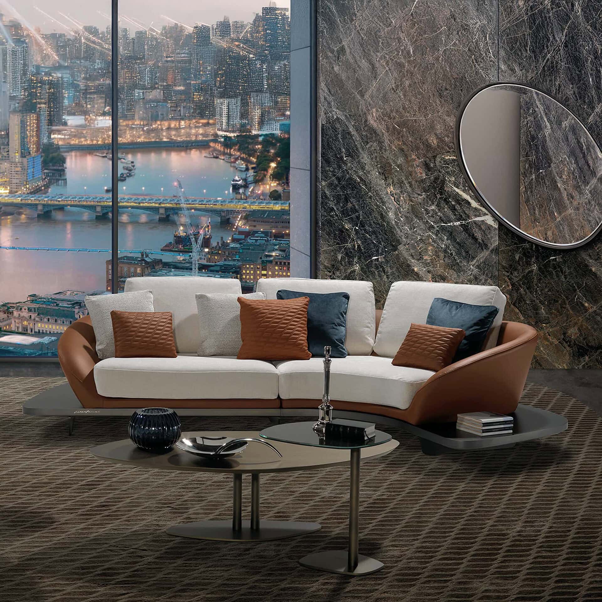 Reflex Angelo Segno Modular Sofa with Wood Base in white leather and brown accents, styled in modern living room with city view