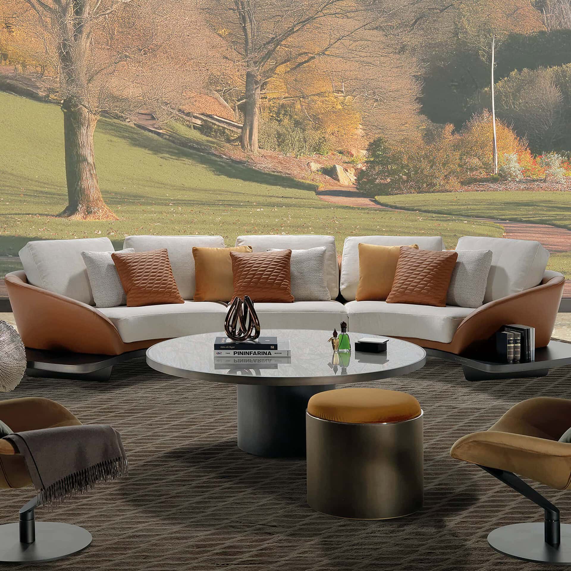 Curved Reflex Angelo Segno Modular Sofa with Wood Base in white upholstery, contemporary living room with large windows