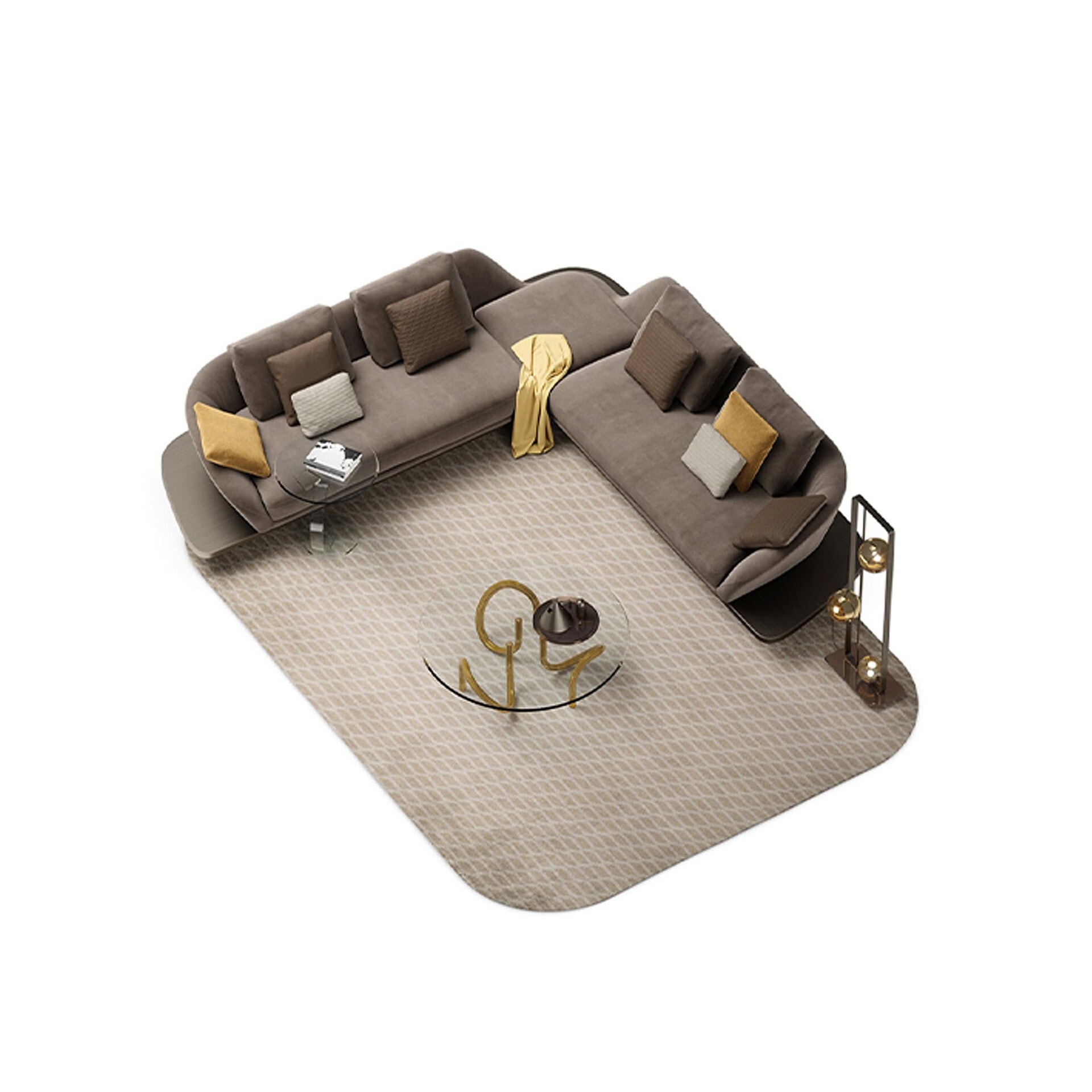 Reflex Angelo Segno Modular Sofa with Wood Base in brown fabric, top view of sectional composition on neutral rug