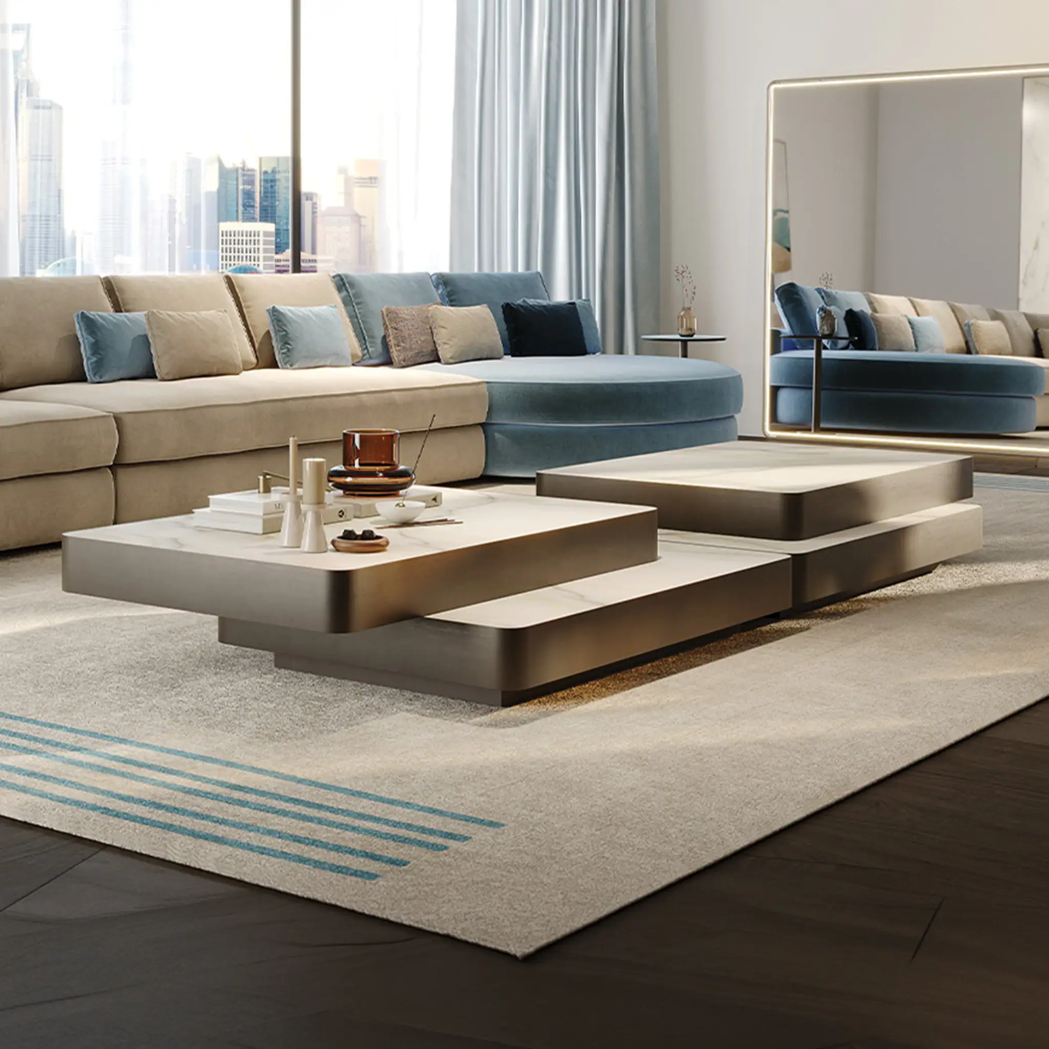 Contemporary coffee table with layered design in stylish living room setting.