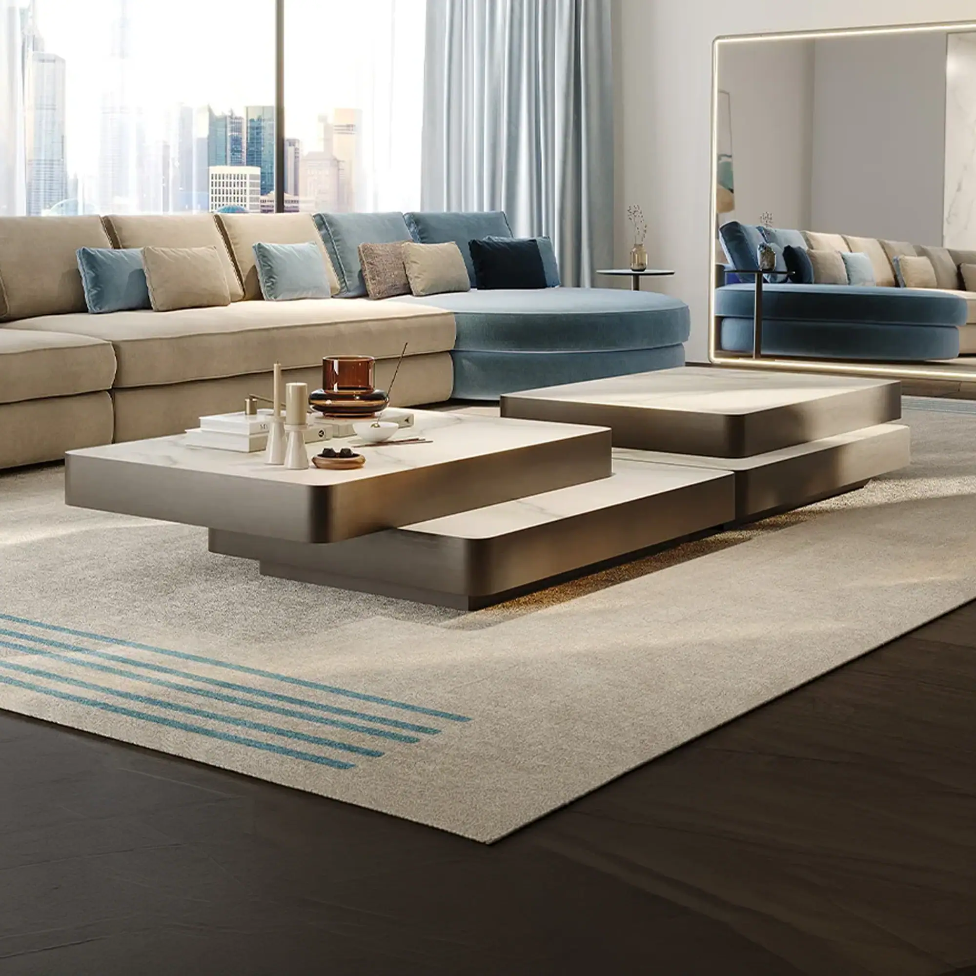 Contemporary Slide 40 Coffee Table with layered design in stylish living room setting.