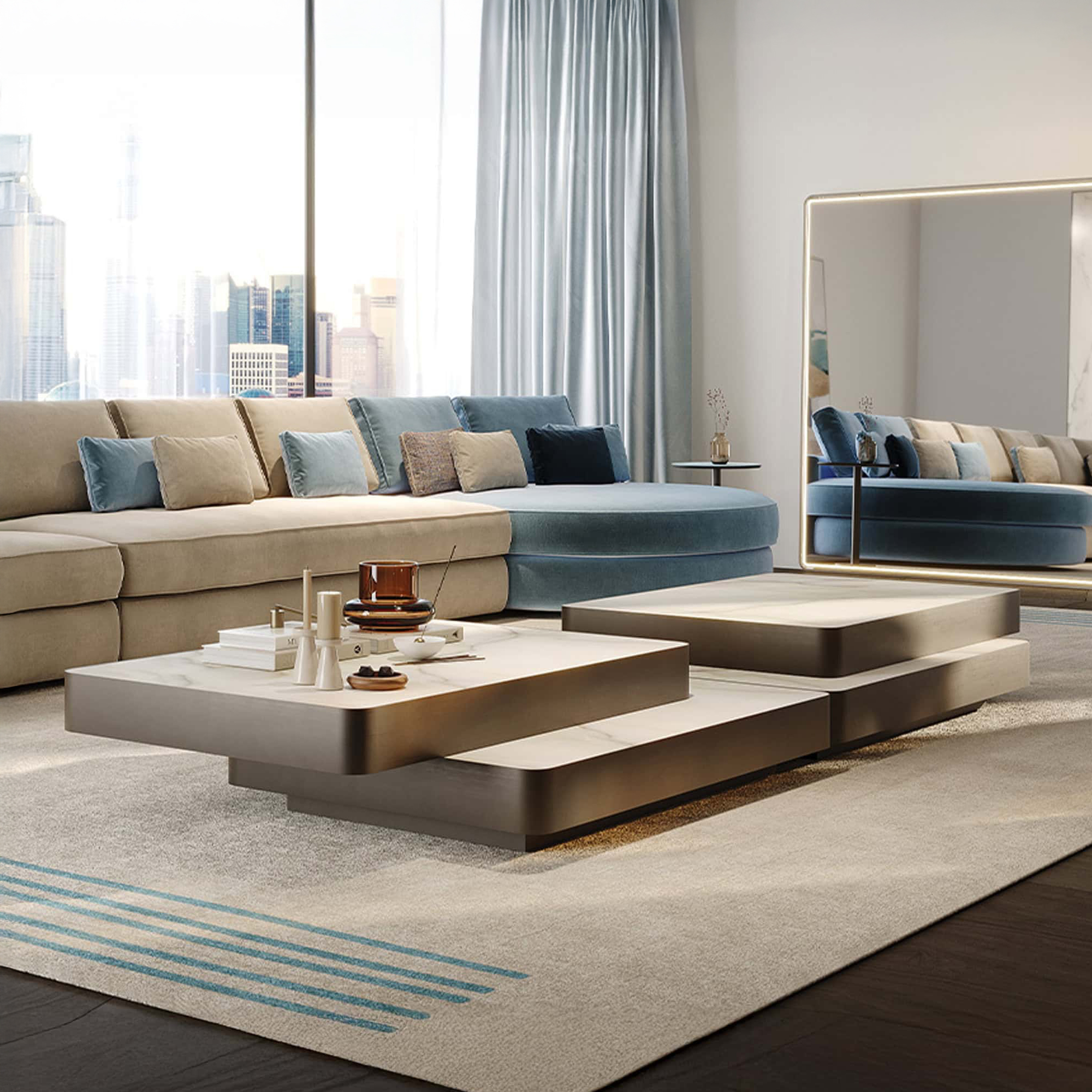 Contemporary living room with modern sofa, sleek coffee tables, and city view, showcasing luxury furniture design.