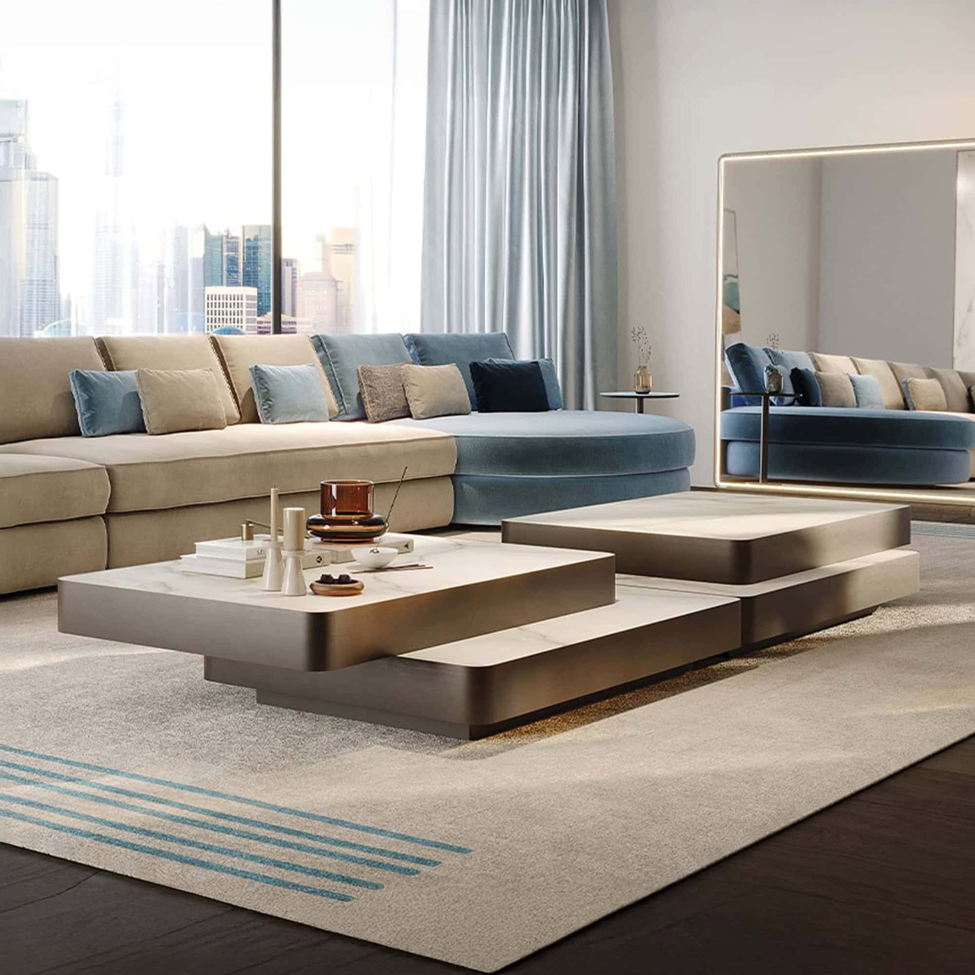 Contemporary living room with modern sofa, sleek coffee tables, and city view, showcasing luxury furniture design.