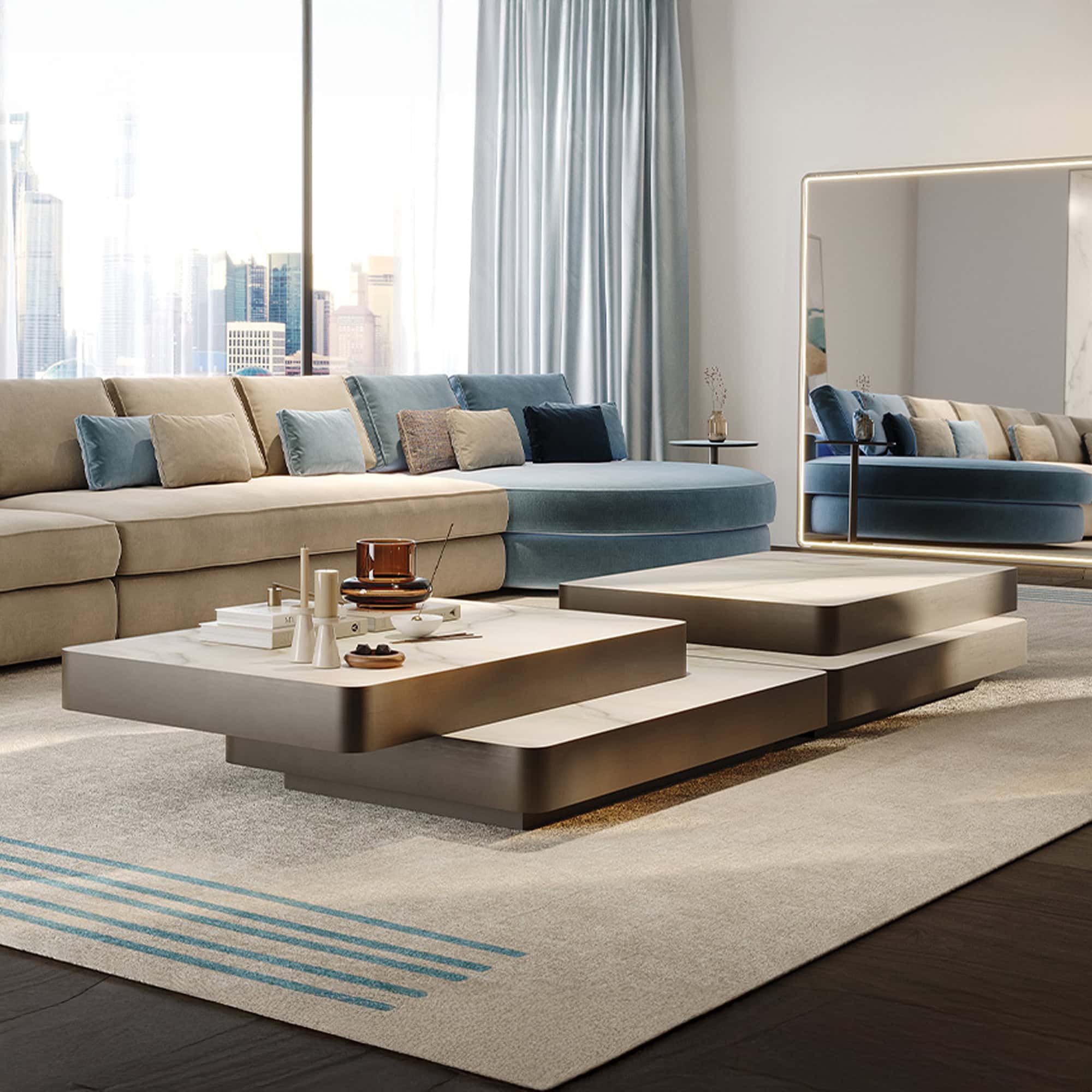 Contemporary living room with modern sofa, sleek coffee tables, and city view, showcasing luxury furniture design.