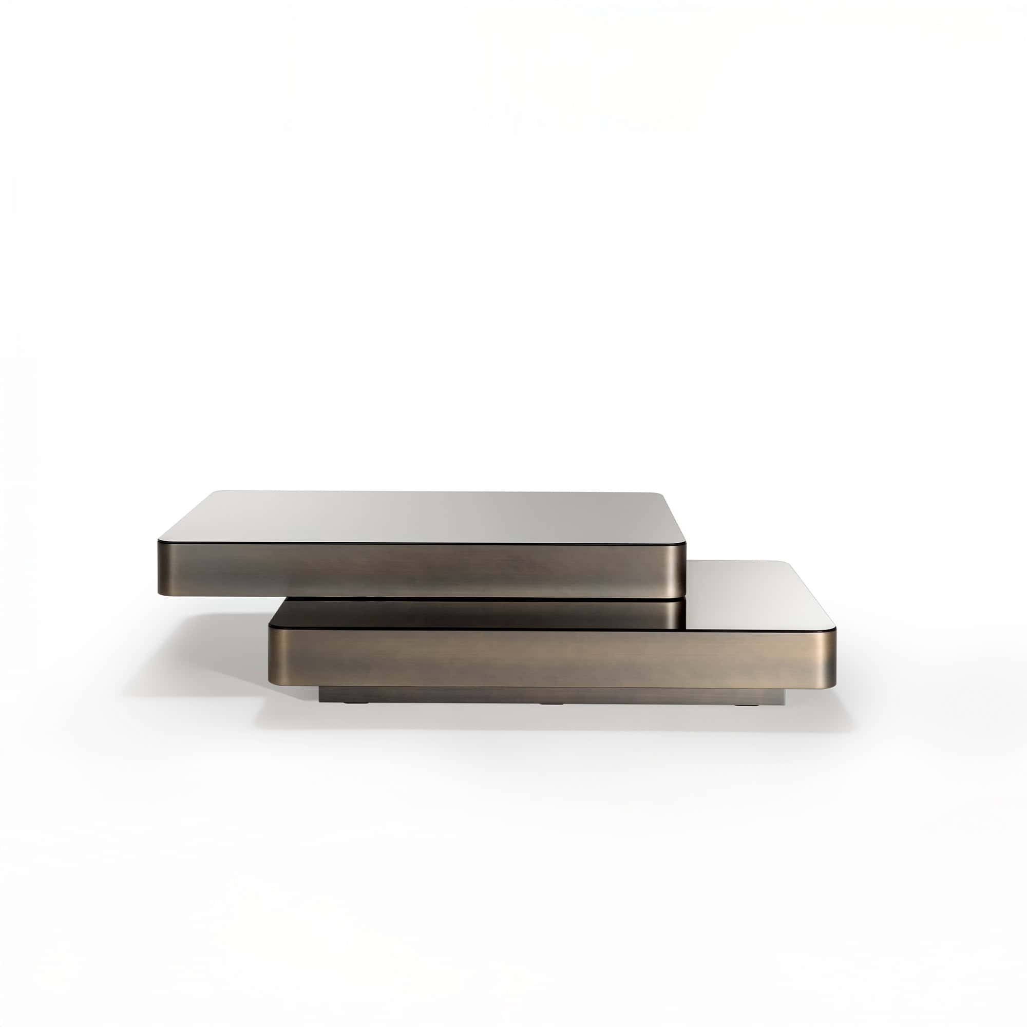 Modern minimalist coffee table with sleek metal finish, perfect for contemporary living rooms.
