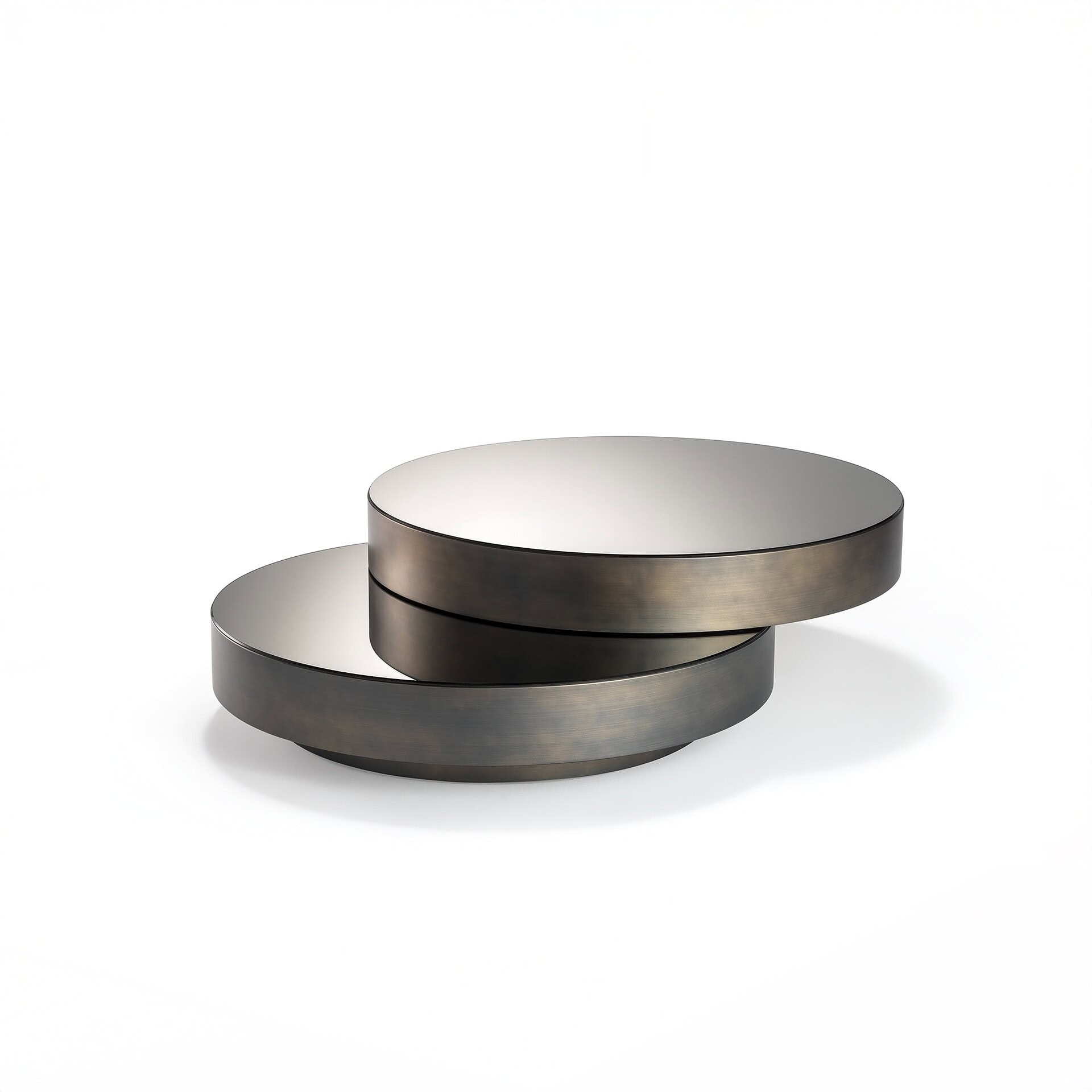 Luxury modern nesting coffee tables with reflective surfaces and dark metallic finishes.