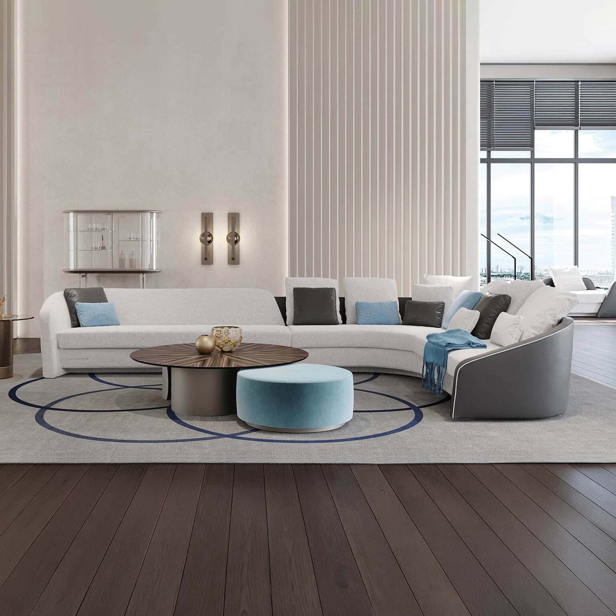 Modern Stratum sectional sofa with white upholstery and blue accents in stylish living room.