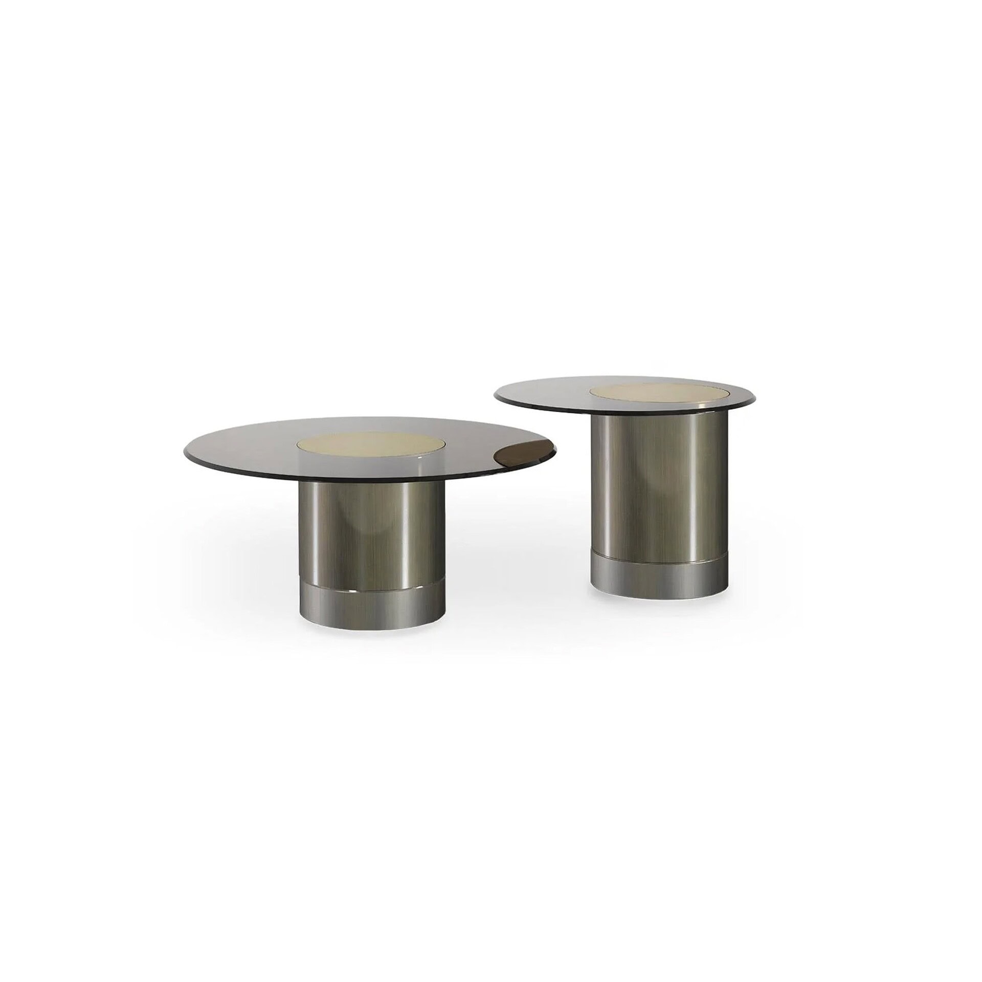 Pair of Tau 40 Steel Coffee Tables in different sizes with metallic bases and marble tops.