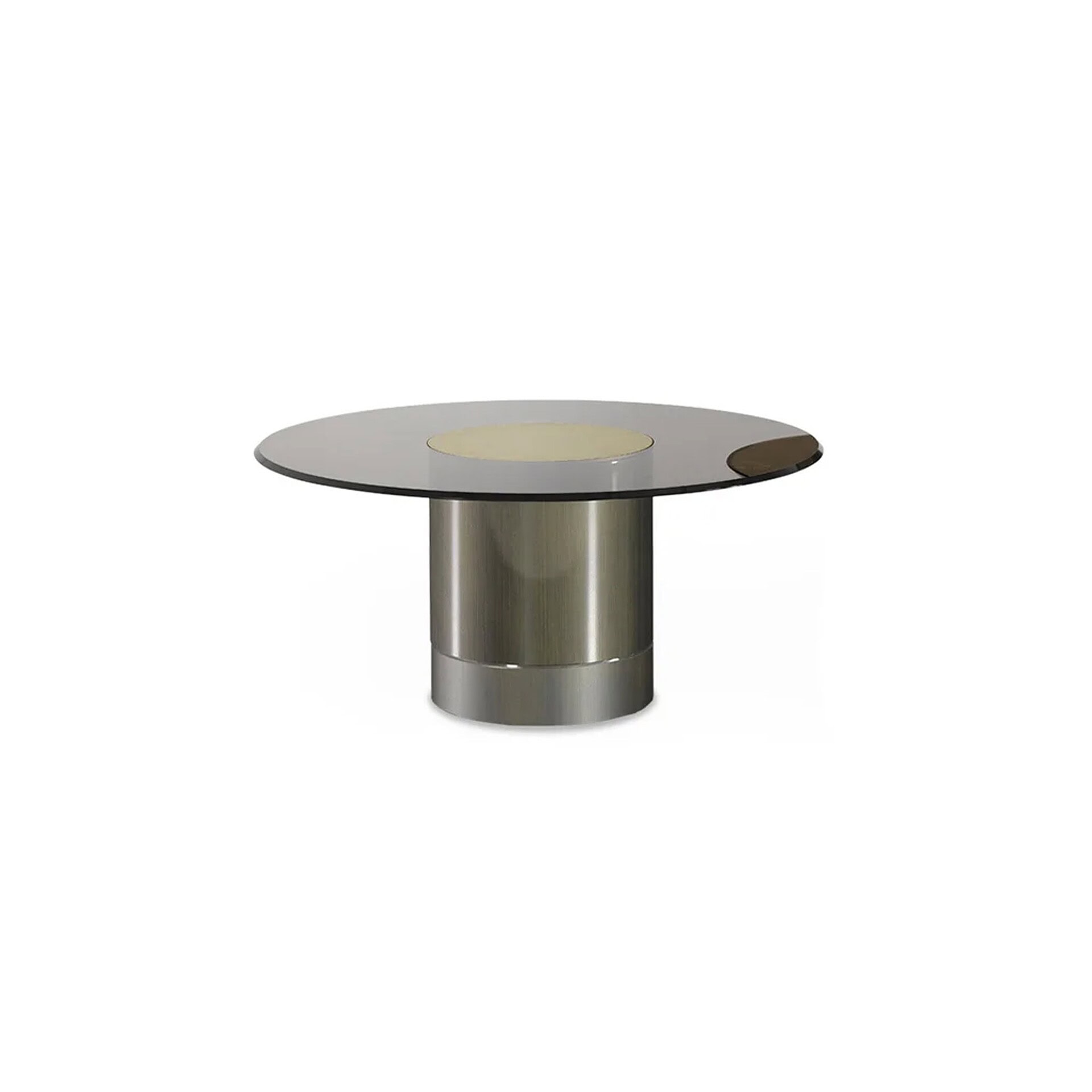 Tau 40 Steel Coffee Table with satin brass base and circular marble top, studio view.