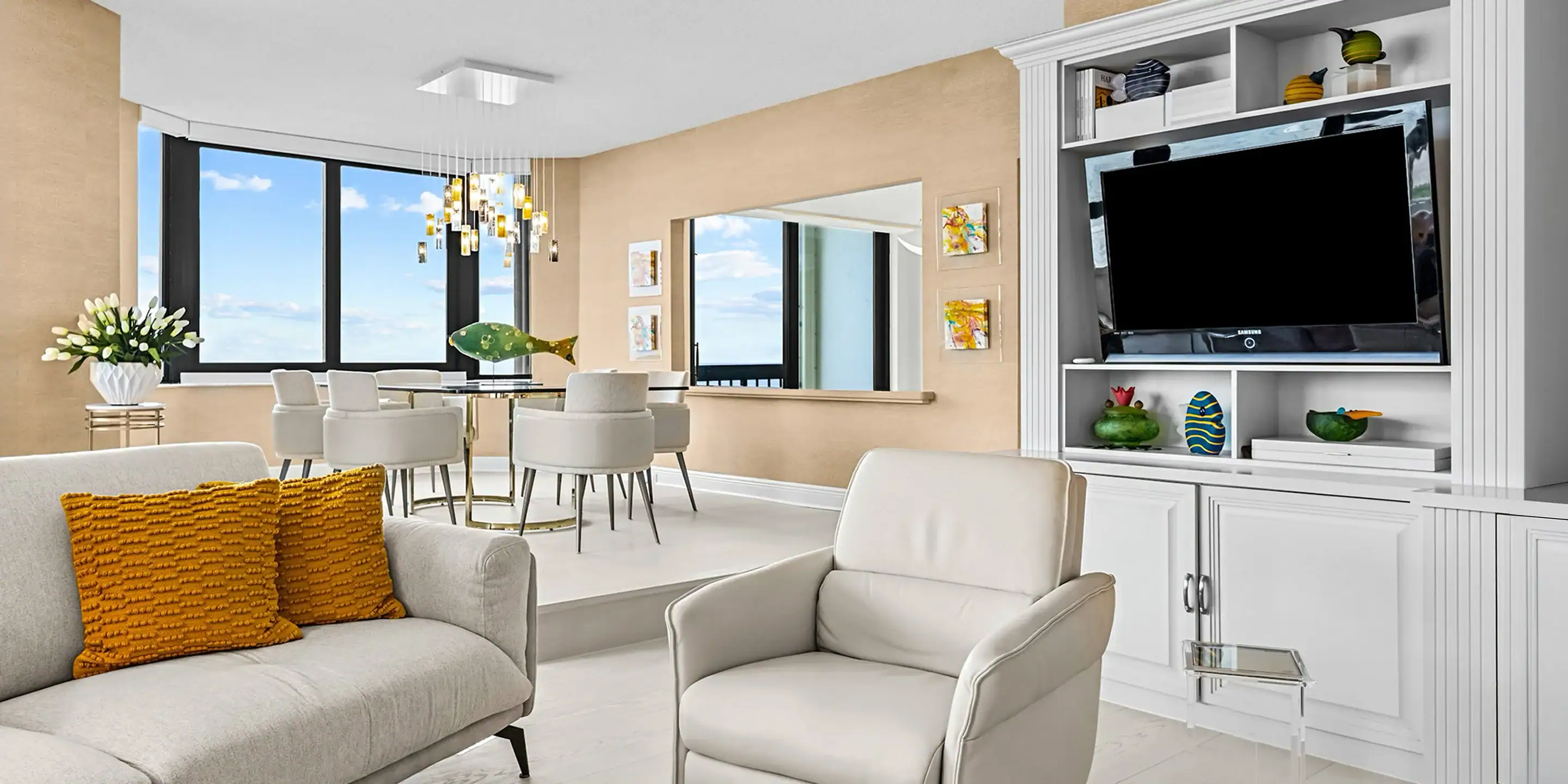 Modern Living Room with Elegant Furniture and Decor Elegant living room featuring contemporary furniture, large windows, and stylish decor accents.