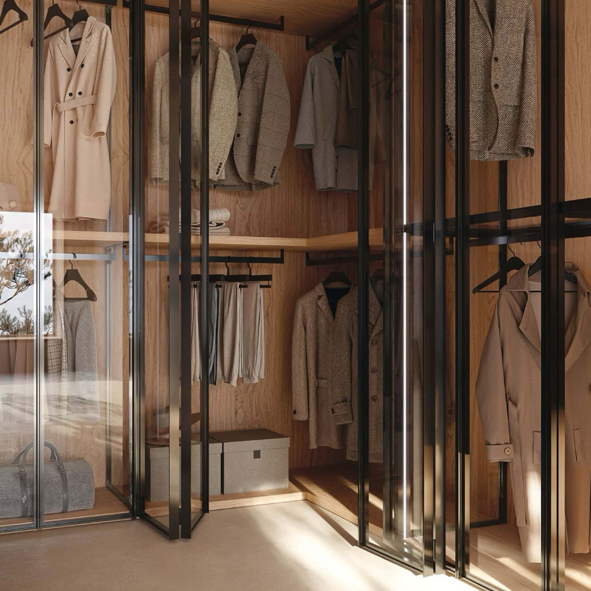 Elegant glass wardrobe with wooden interior and organized clothing storage.