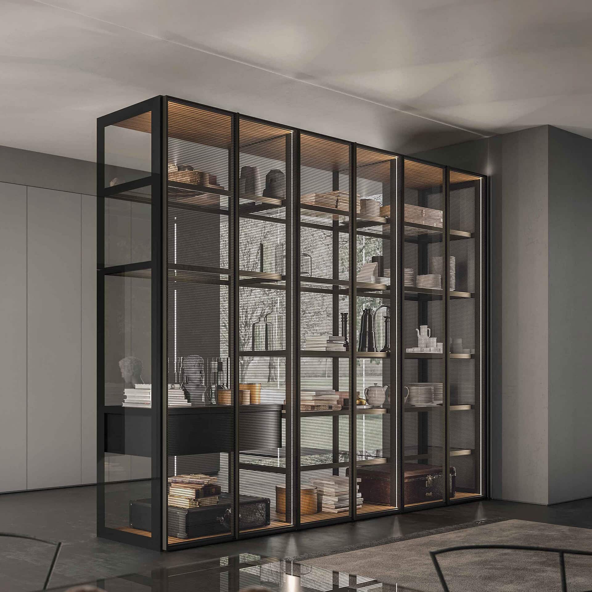 Glass wardrobe with black metal frame and wooden shelves.