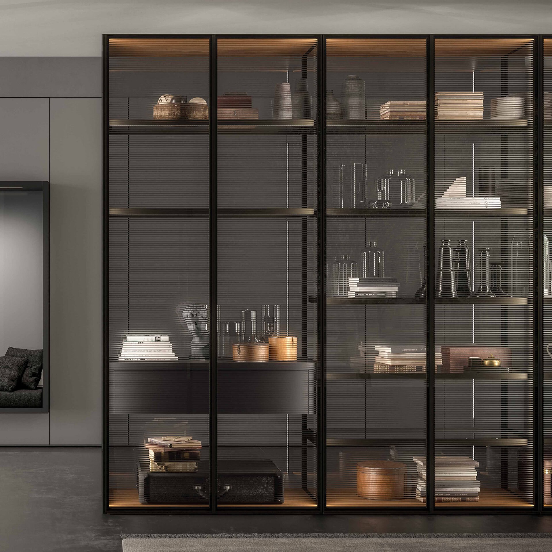 Elegant Cristal glass wardrobe with sleek black frame and interior lighting.