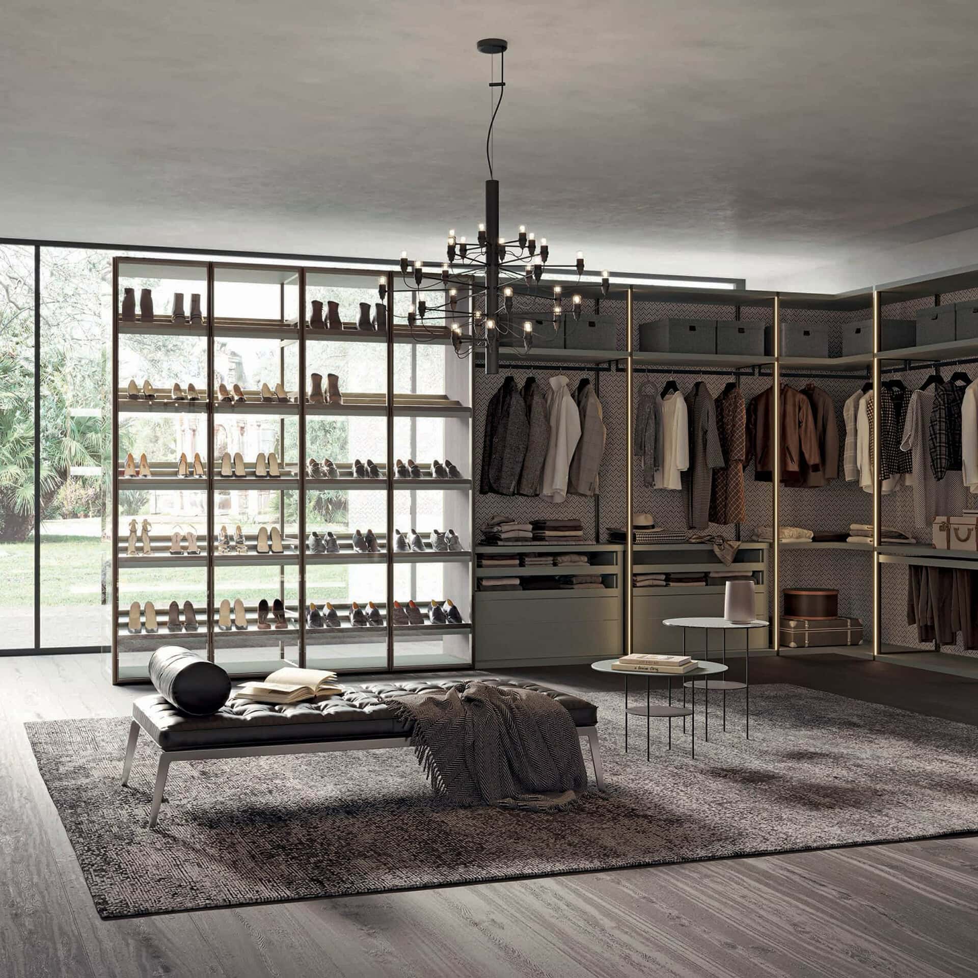 Cristal glass wardrobe system showcasing sleek, transparent design with ample space for shoes and cl.