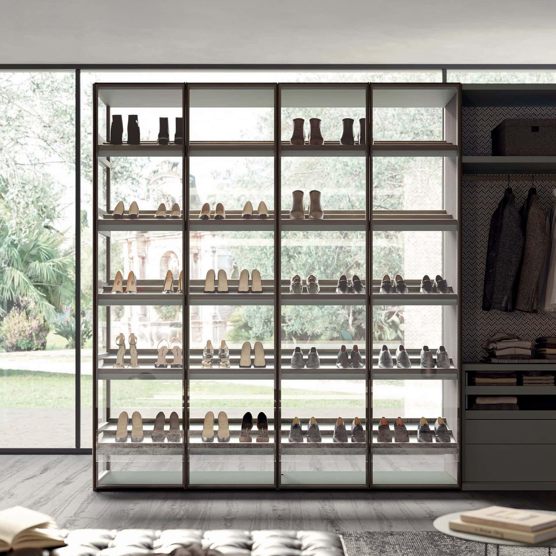 Elegant glass wardrobe with multiple shelves displaying shoes and accessories, ideal for organized s.