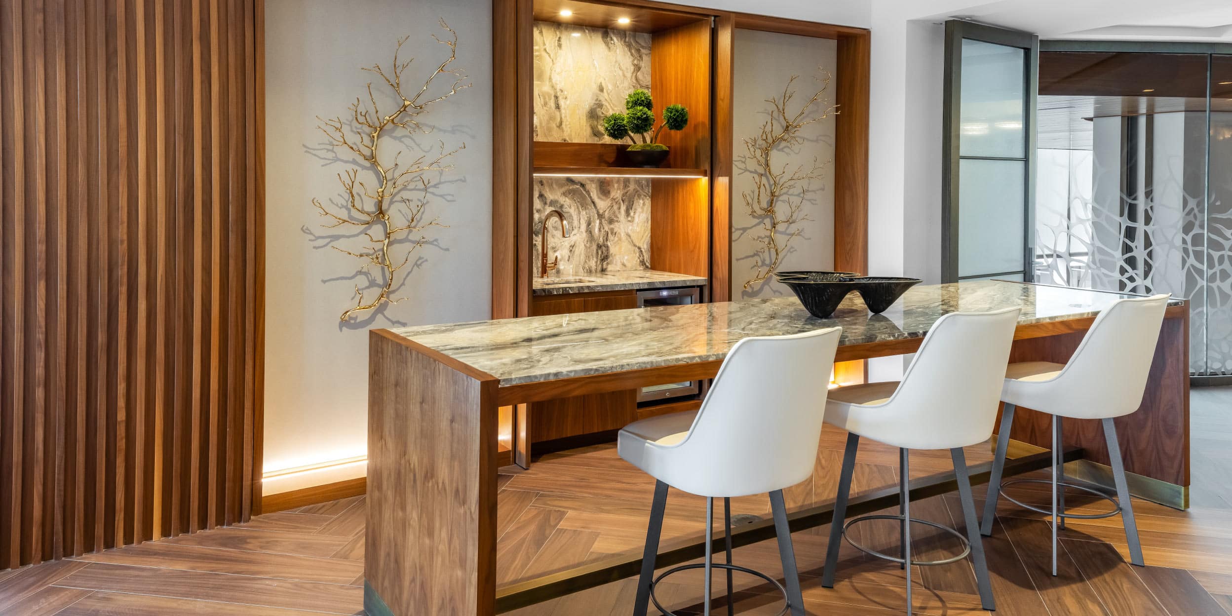 a table with chairs in a room