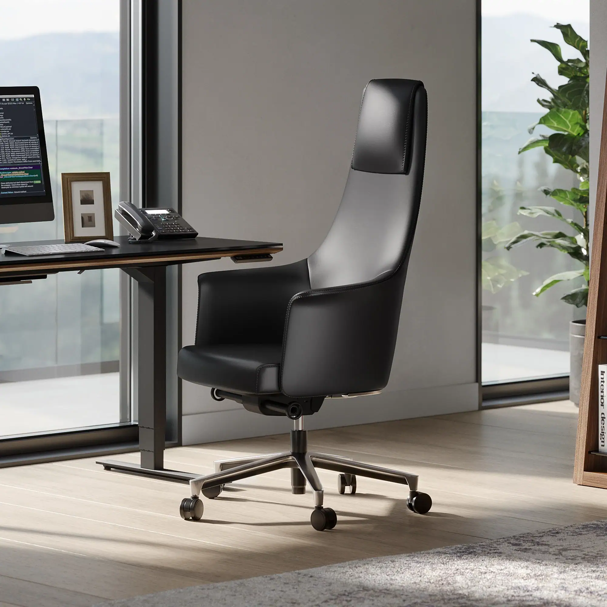 A modern home office with a black leather ergonomic chair, a standing desk with a computer and phone, and a large window overlooking a hazy mountain landscape.
