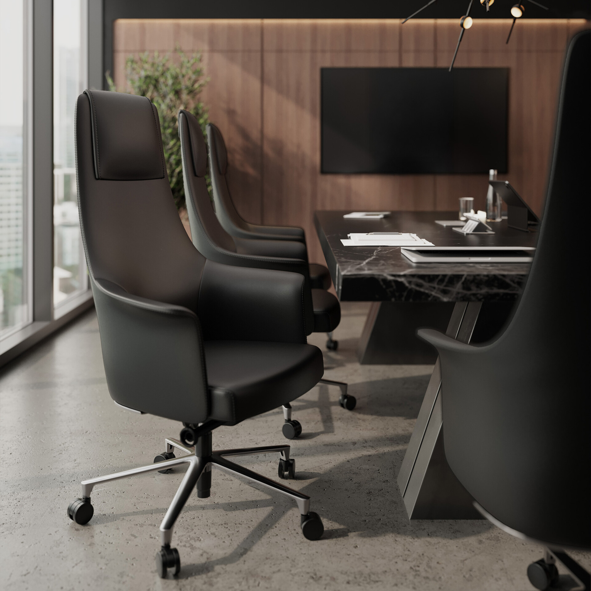 A modern conference room with black leather chairs, a dark marble table, a large screen on a wooden wall, and a city view from a window.