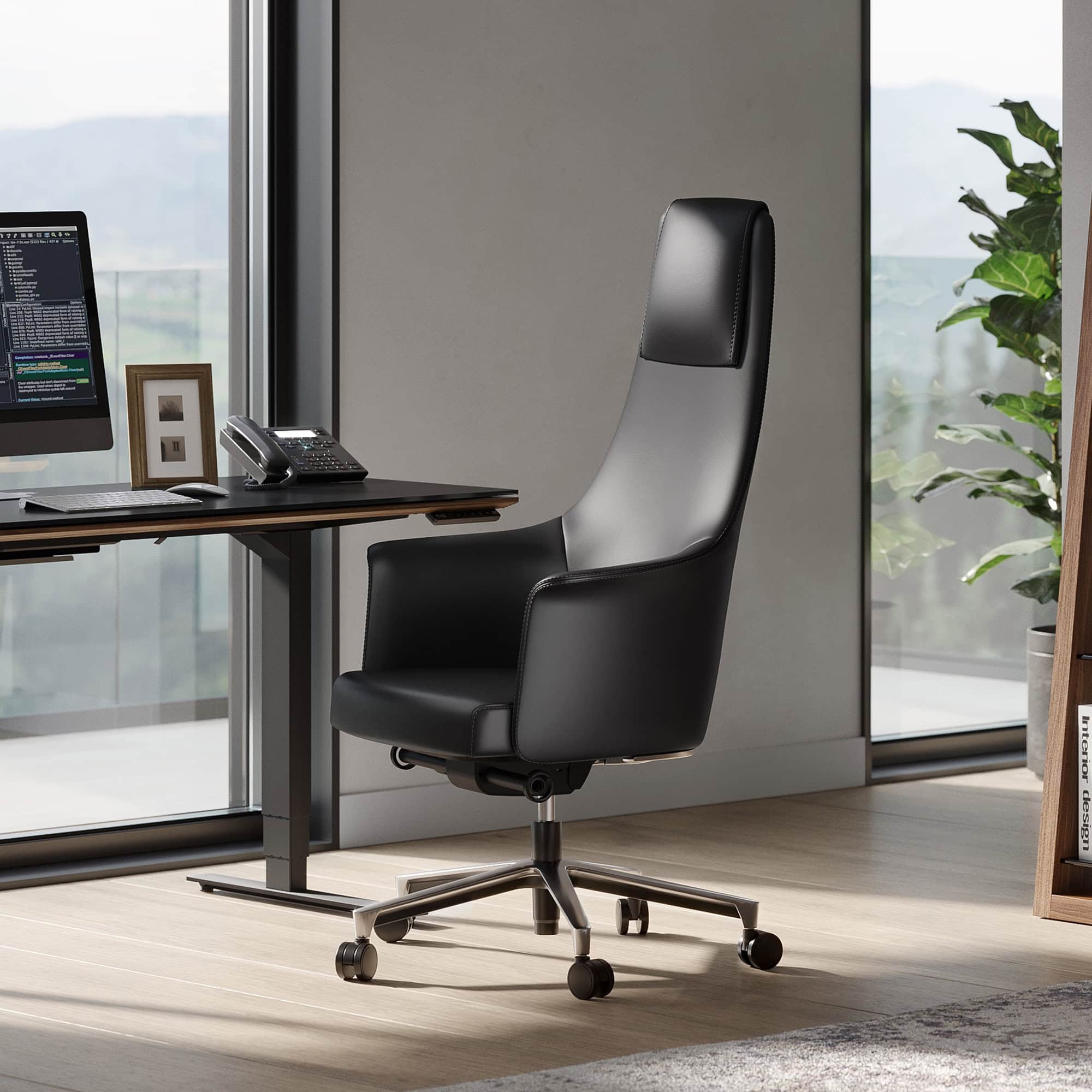 a chair next to a desk