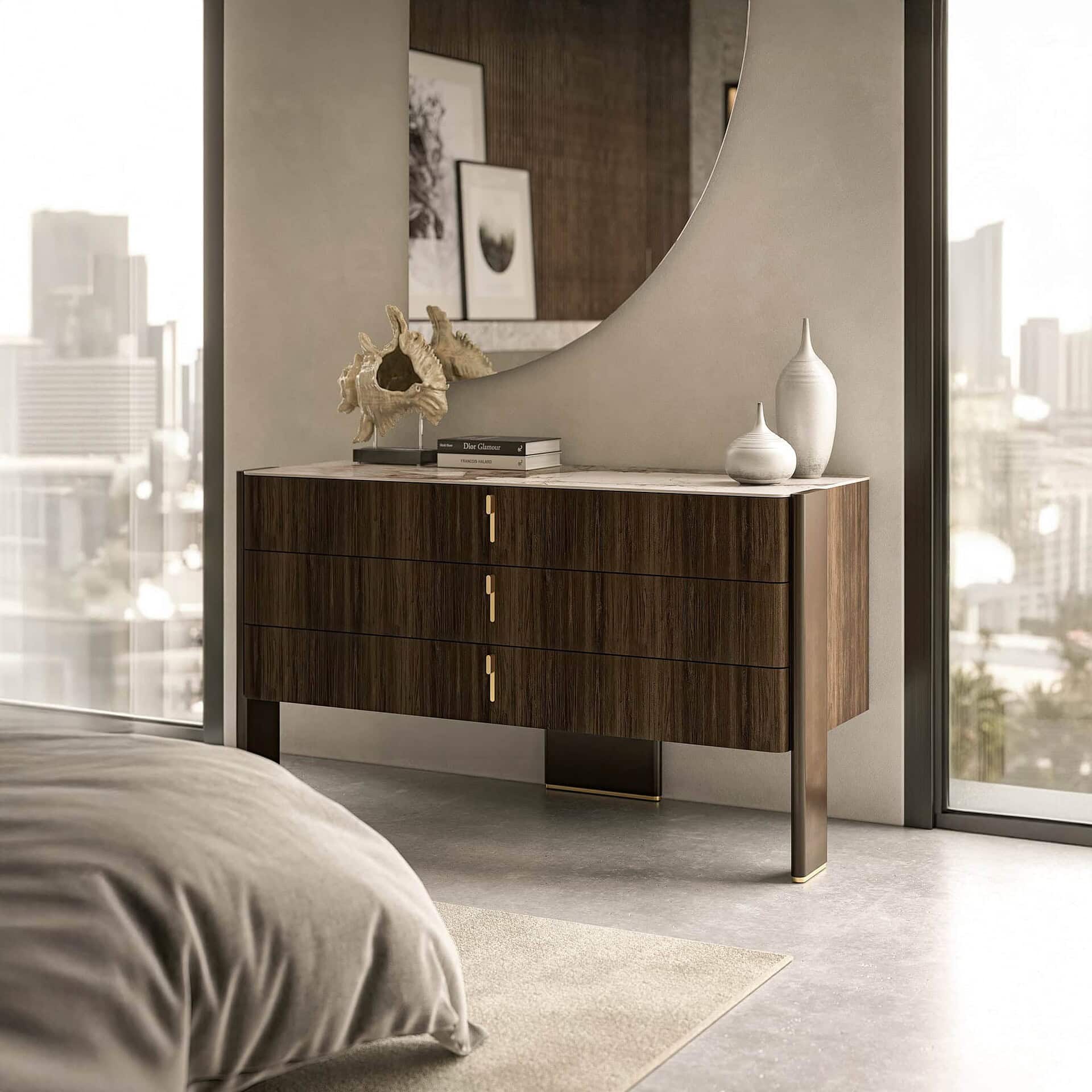 Julian 3-Drawer Dresser in walnut wood with brass accents, styled in a modern bedroom with neutral tones.