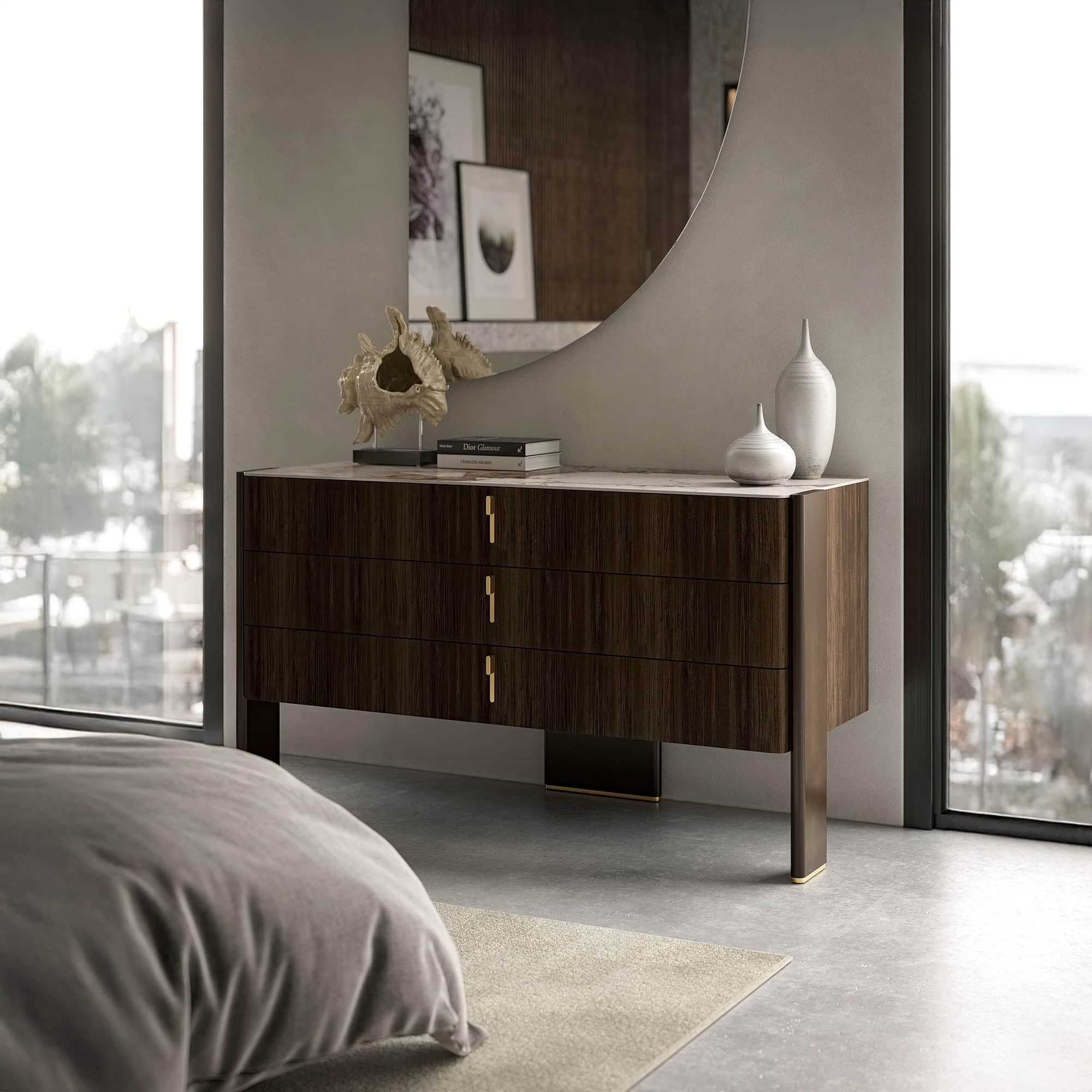 Julian 3-Drawer Dresser in walnut wood with brass accents, styled in a modern bedroom with neutral tones.