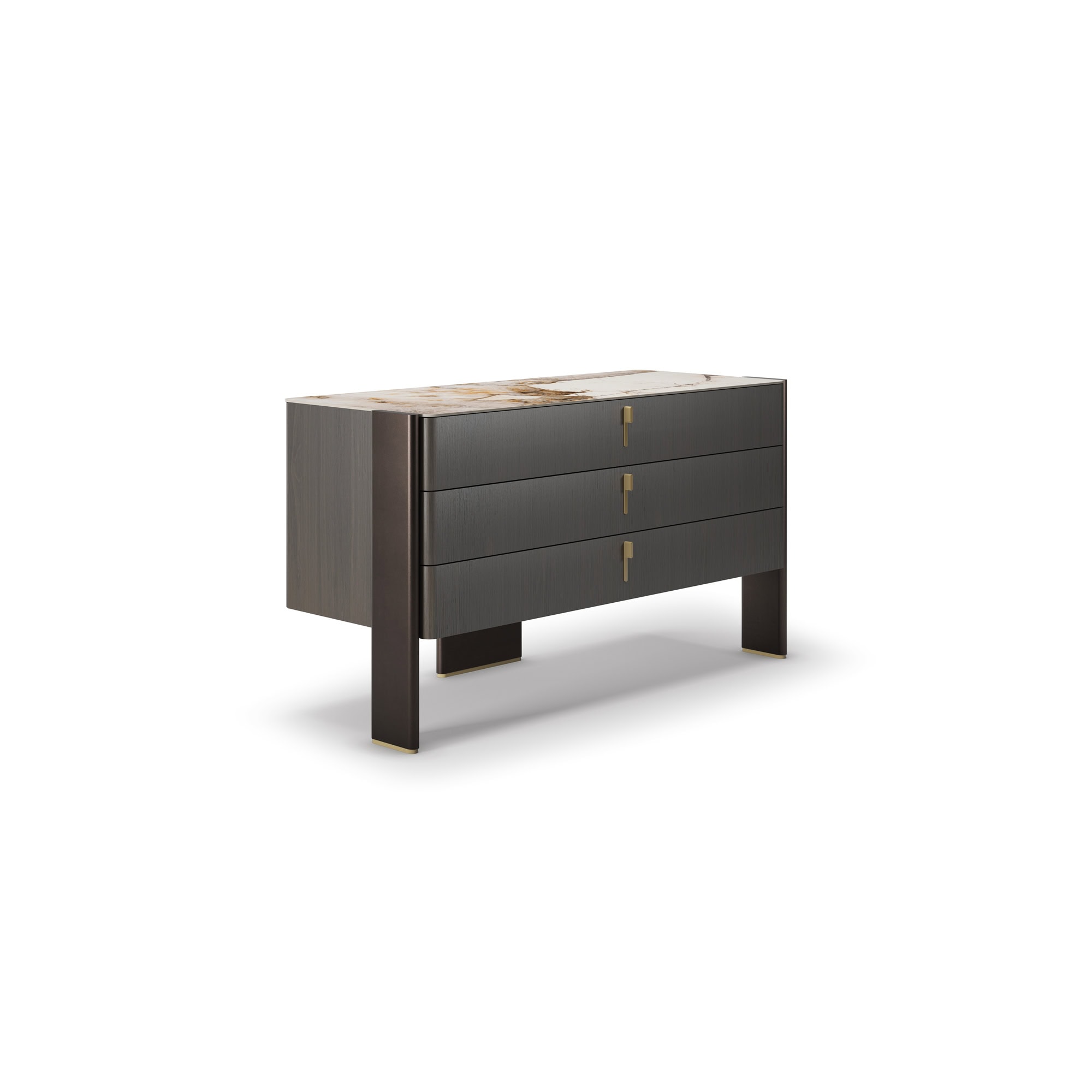 Isolated product view of the Julian 3-Drawer Dresser with walnut drawers, bronze lacquered frame, and ceramic top.
