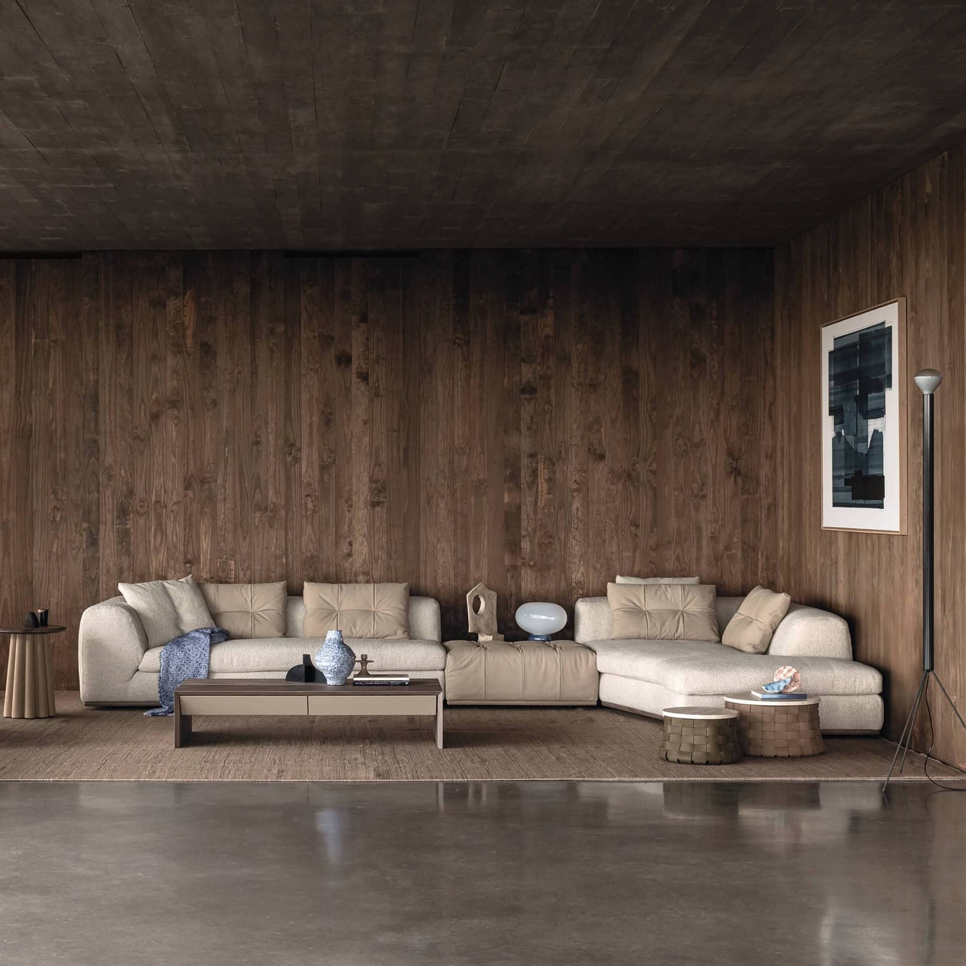 Wide view of Montgomery Modular Sectional Sofa with multiple seating configurations in a spacious interior