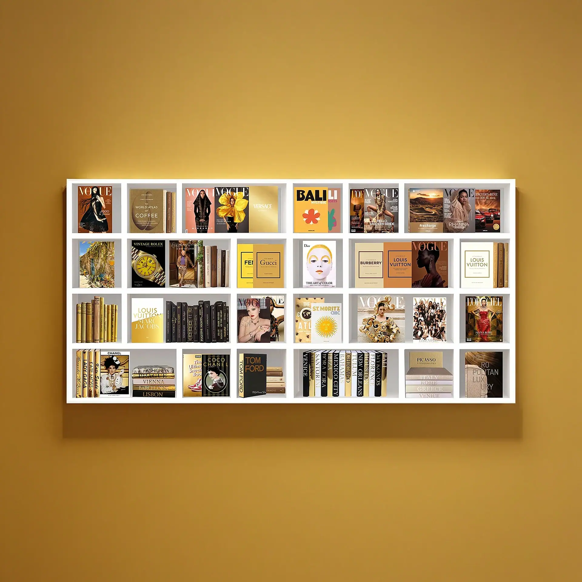 Bookshelf with fashion, lifestyle, and design magazines on a white wall shelf.