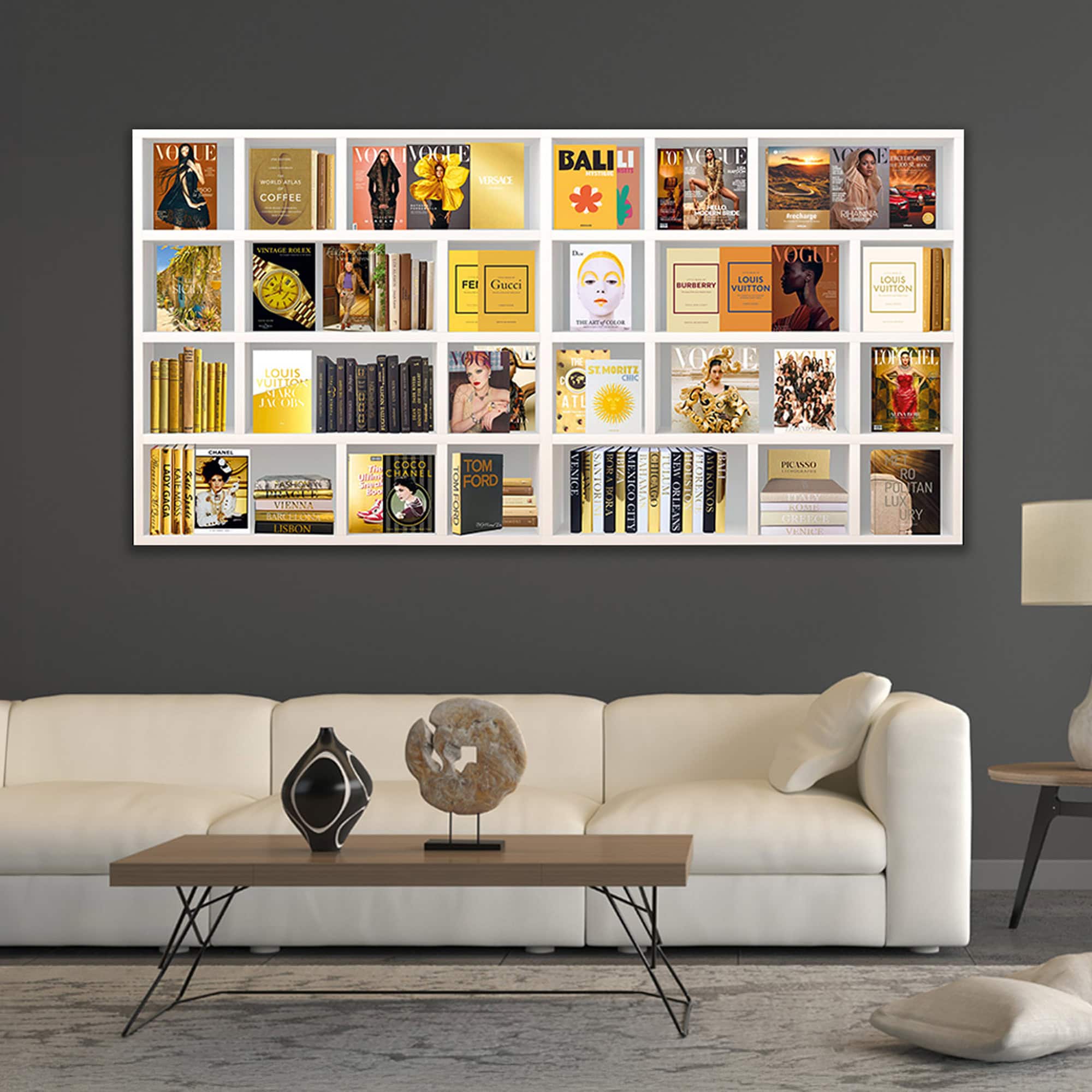 a white couch with a white shelf on the wall