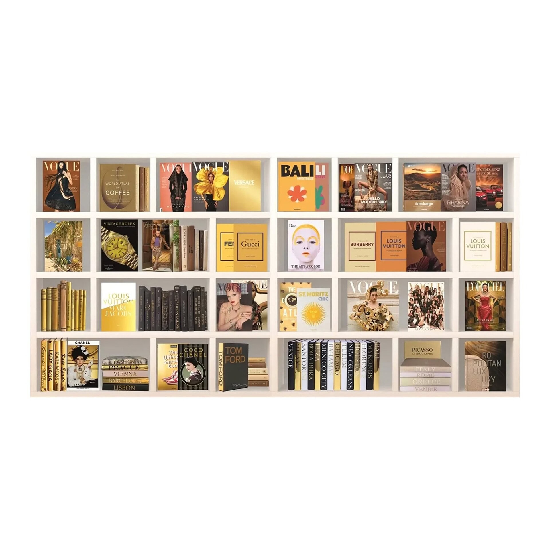 Pleasures of Life Wall Art product image featuring bookshelf-style composition with fashion covers and golden tones on a white background.