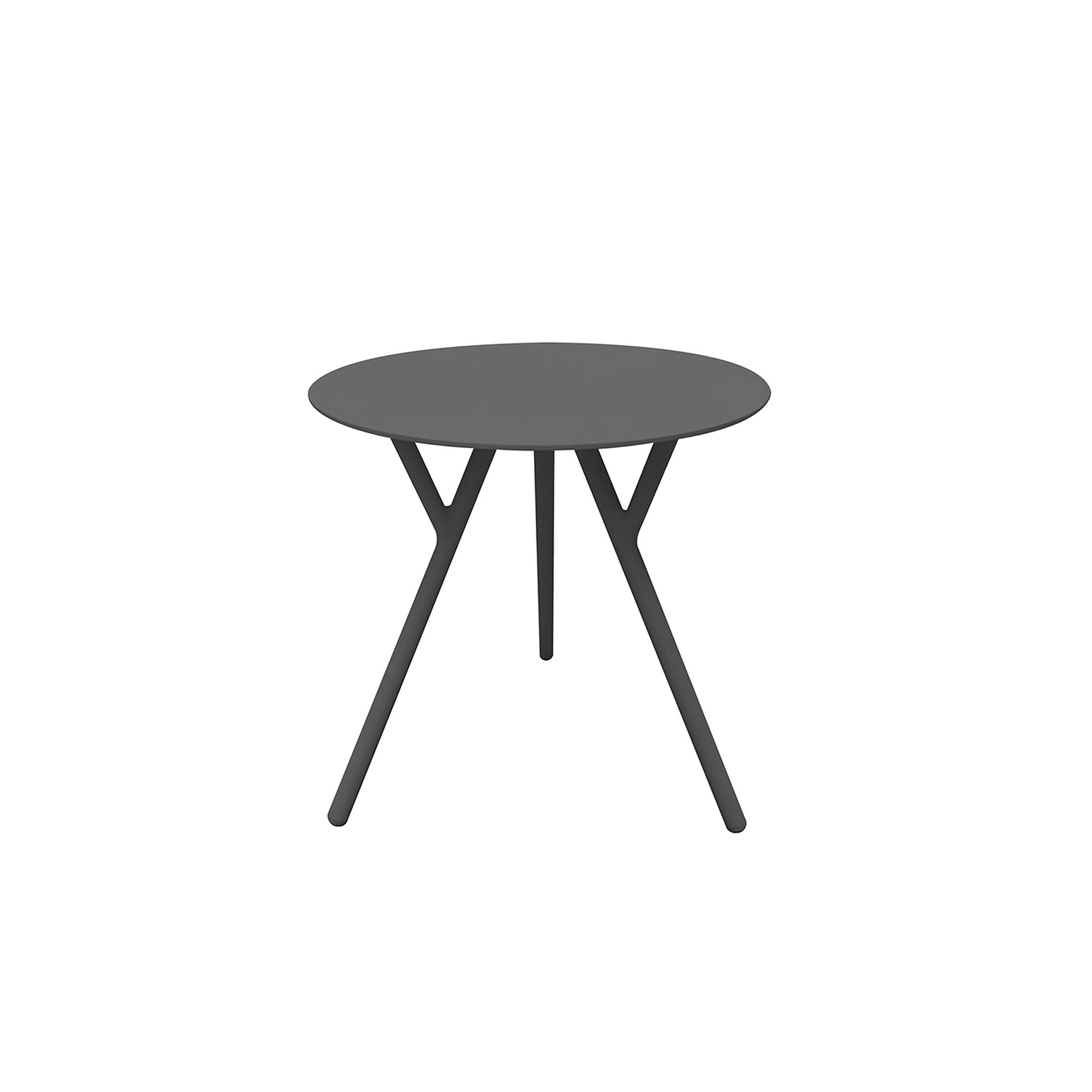 Black round side table with angled legs for contemporary living spaces.