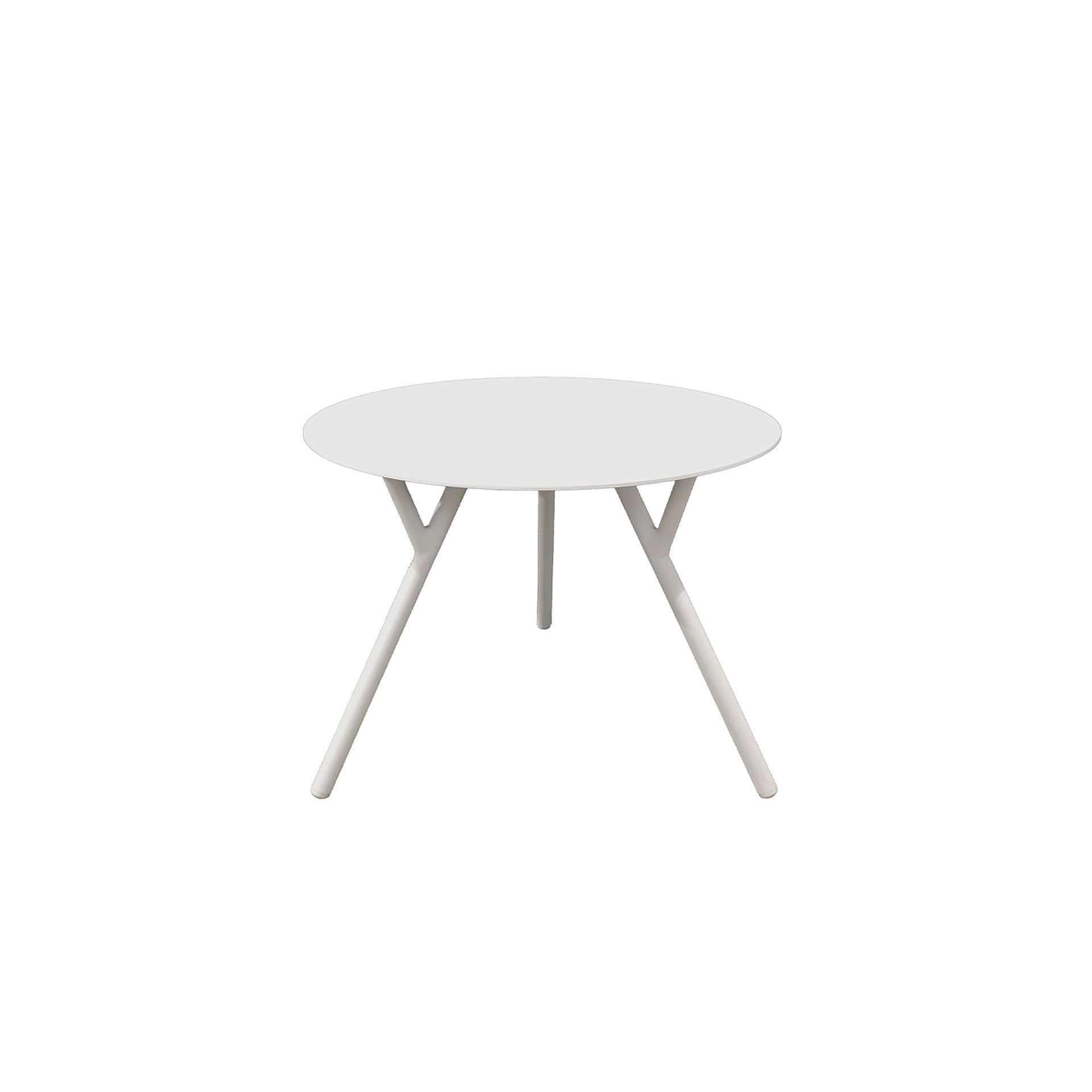 White modern round dining table with angled legs for contemporary home decor.