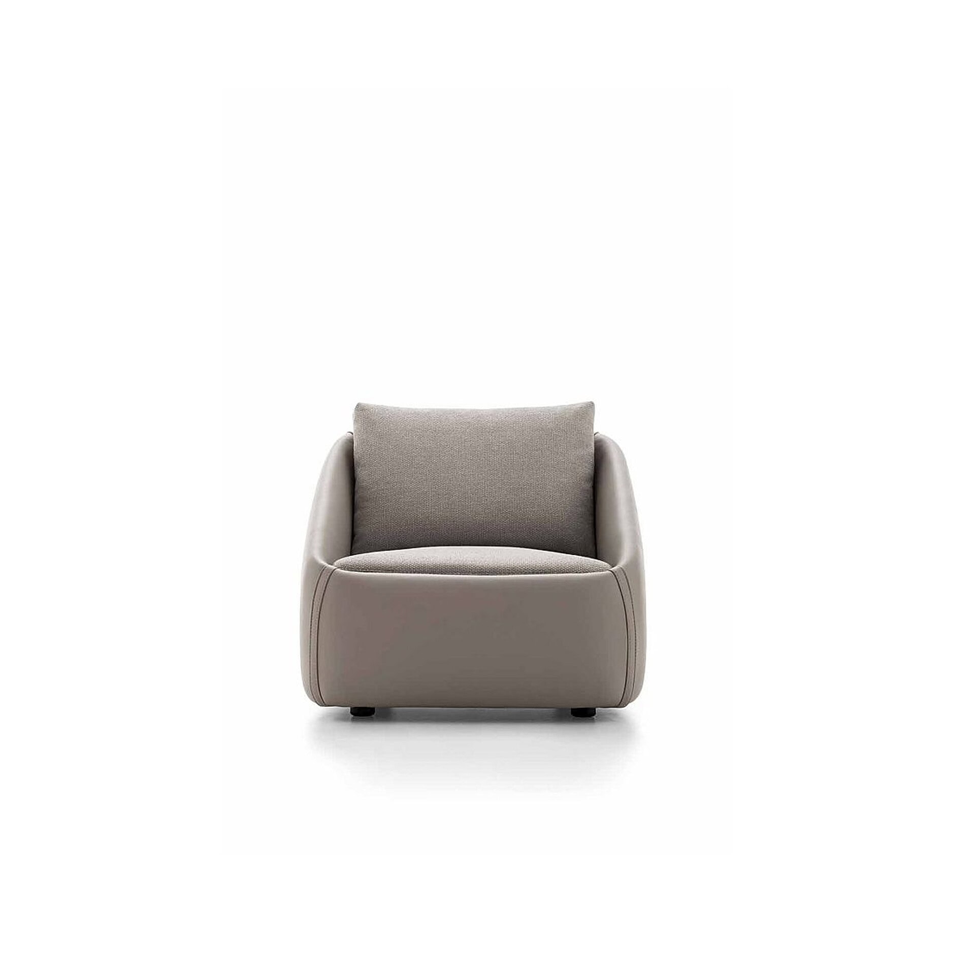 Contemporary taupe upholstered armchair with plush cushion and sleek modern design.