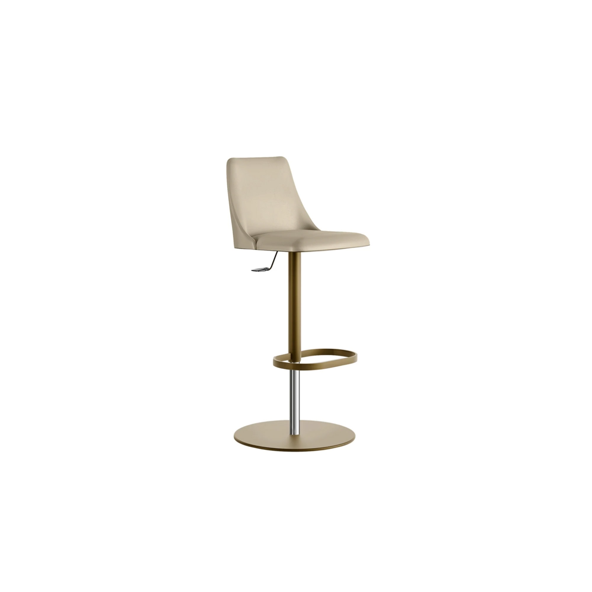 Modern beige counter-height chair with gold accents and footrest, ideal for kitchen or bar area.
