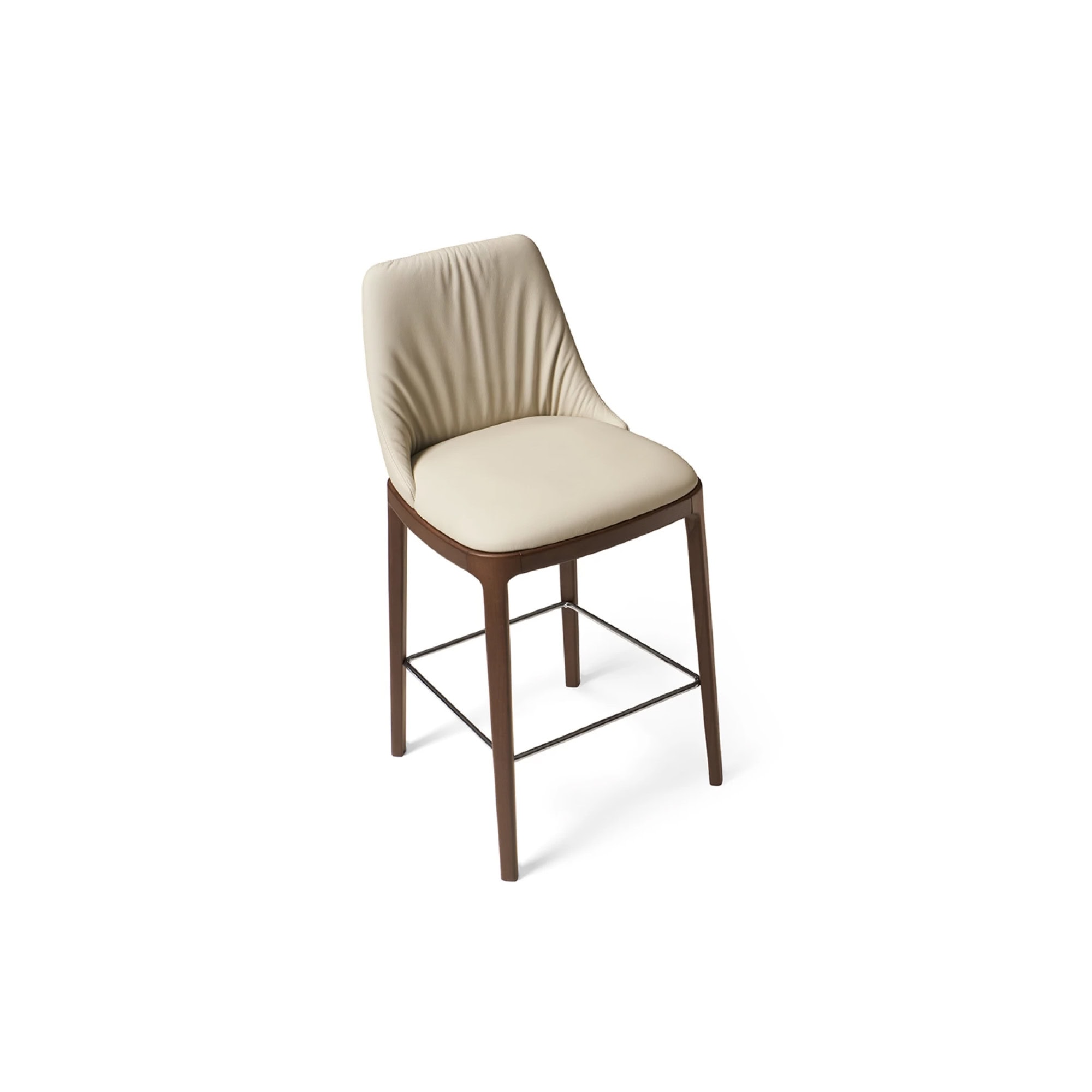 Luxury beige upholstered bar stool with wooden frame and metal footrest for upscale kitchen or bar decor.