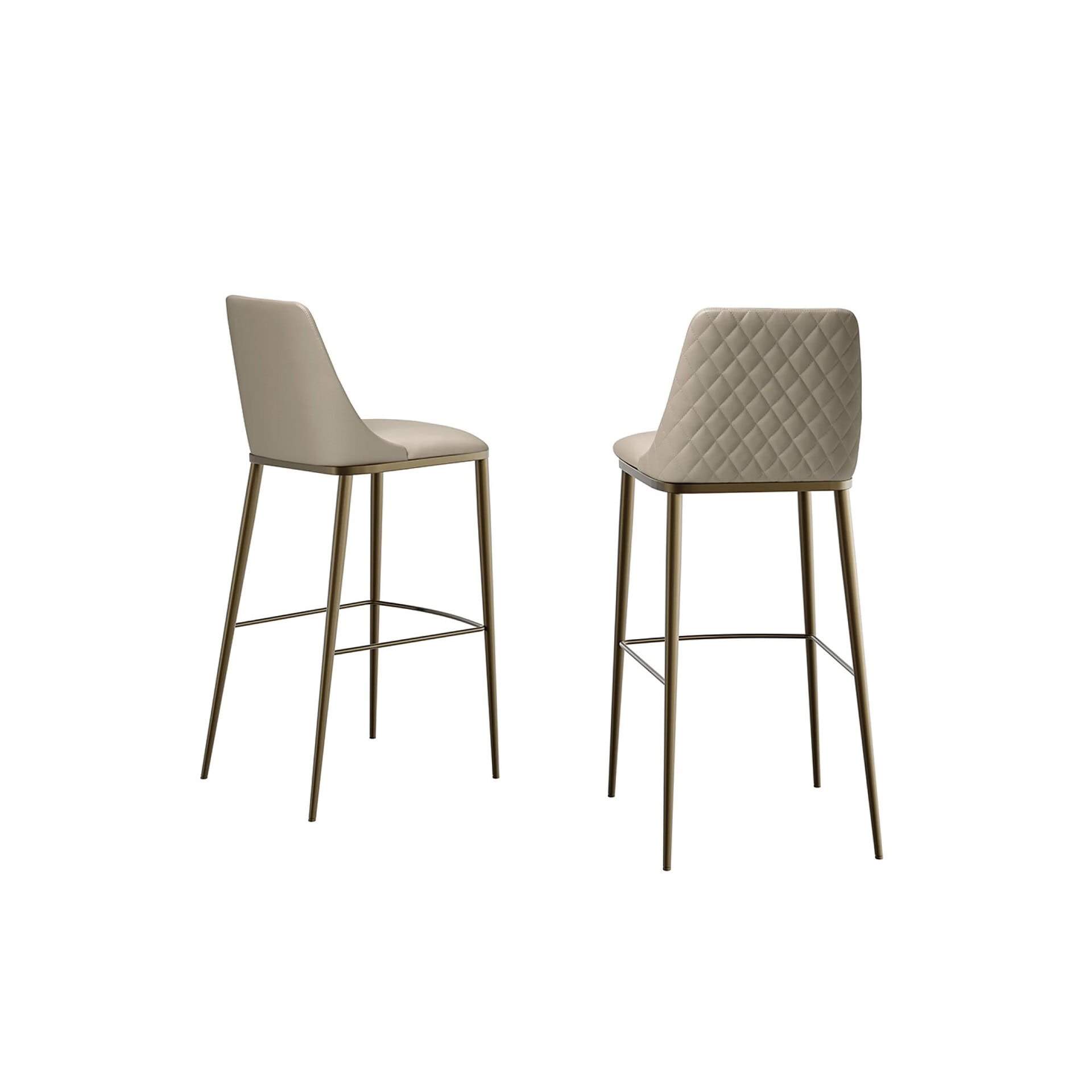 Luxurious beige upscale barstools with quilted backrests and gold metal legs for modern kitchen decor.