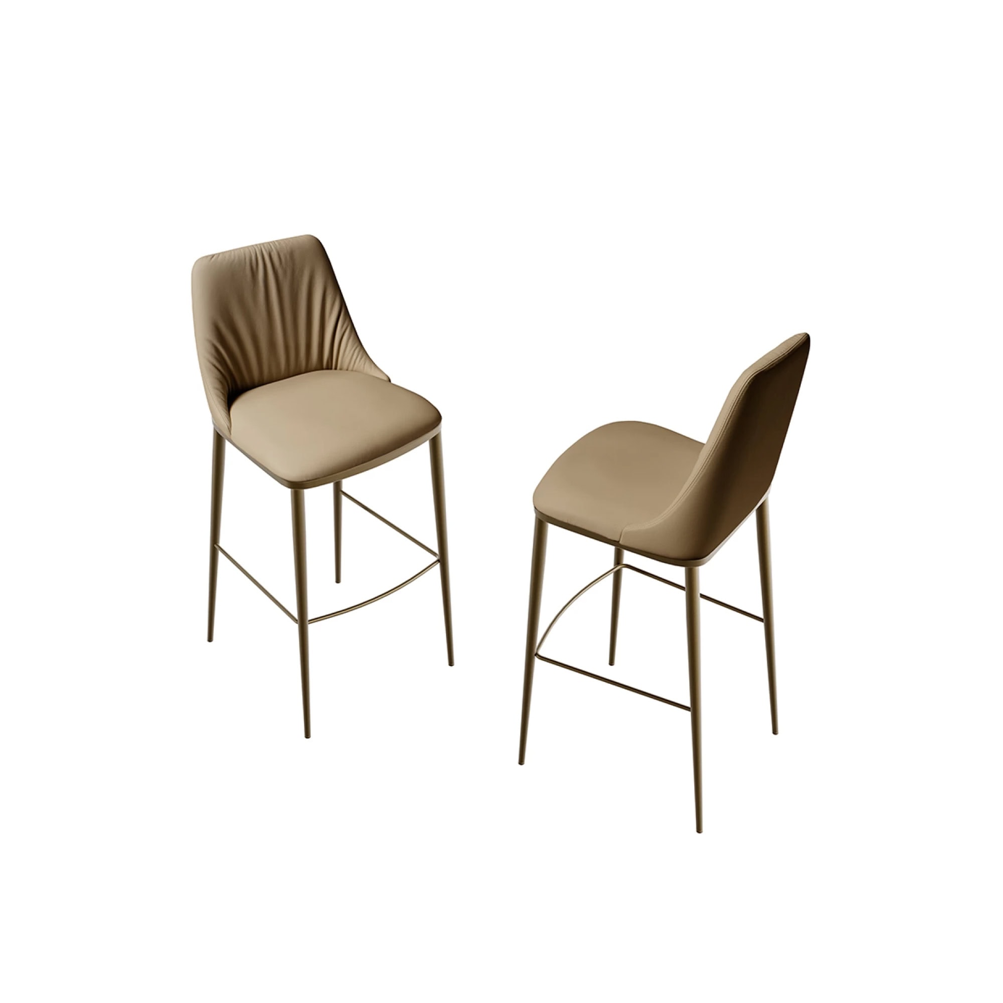 Luxe beige upholstered bar stools with gold metal legs for modern kitchen decor.