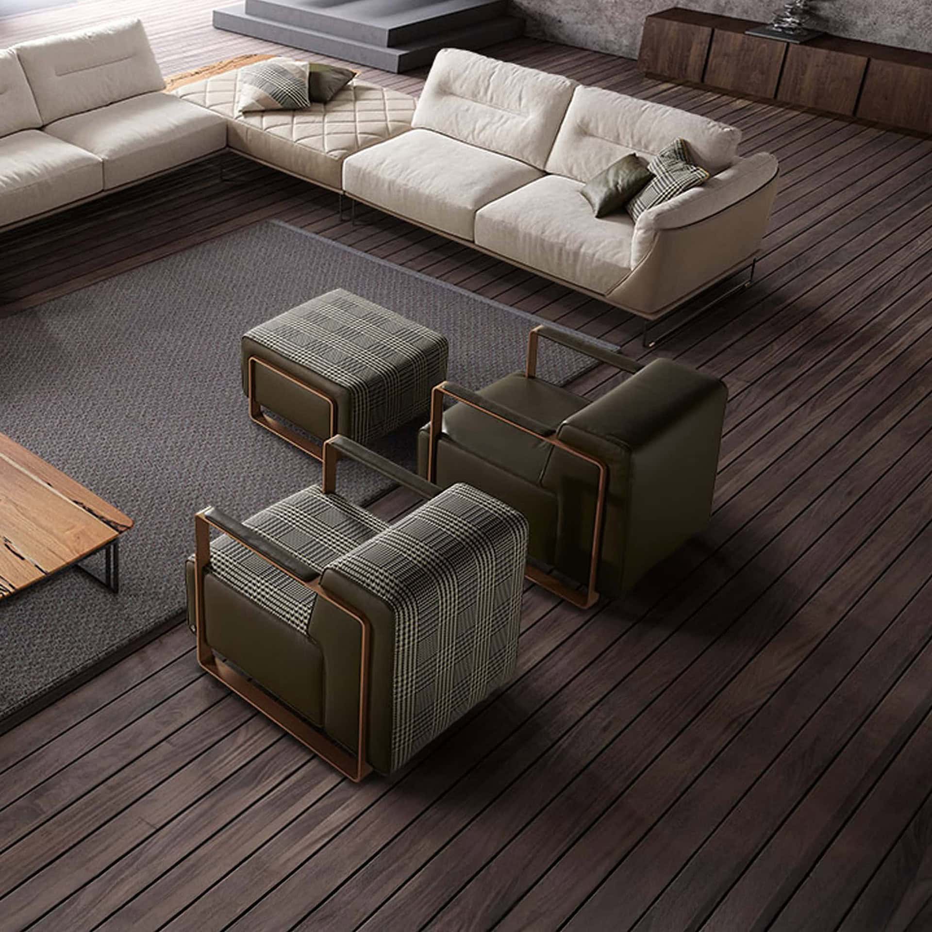 Sleek modern living room with stylish sectional sofa and contemporary seating by Sklar Furnishings.