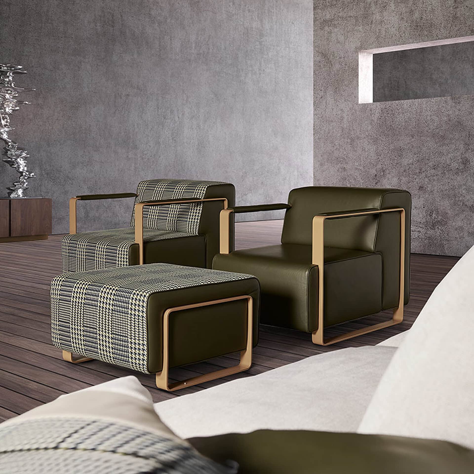 Sleek modern living room seating with leather and patterned upholstery, minimalist design, and flawless craftsmanship.