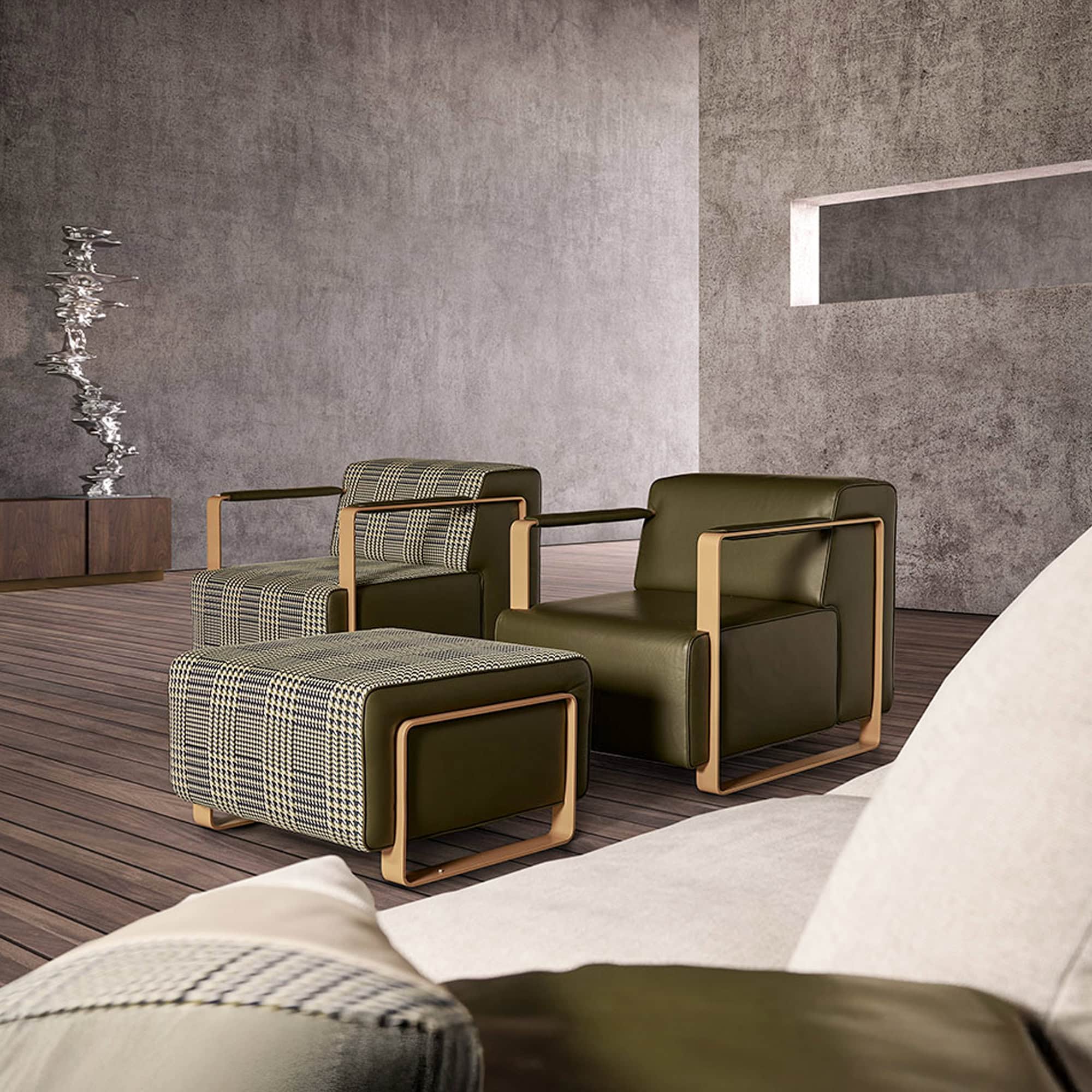 Sleek modern living room seating with leather and patterned upholstery, minimalist design, and flawless craftsmanship.