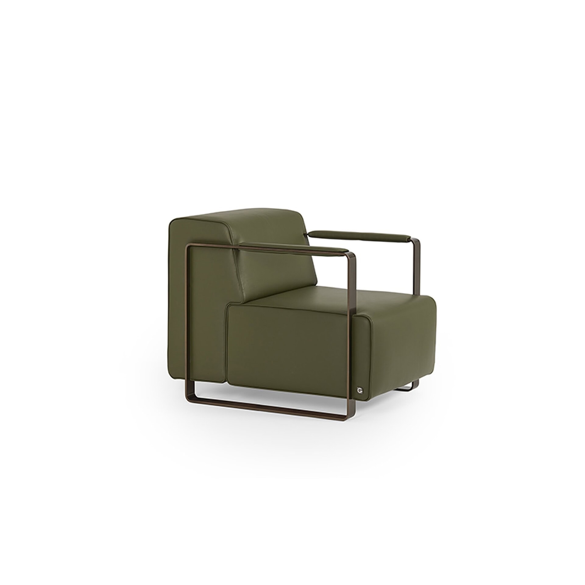 Elegant green leather lounge chair with sleek metal frame for modern office or living room décor.