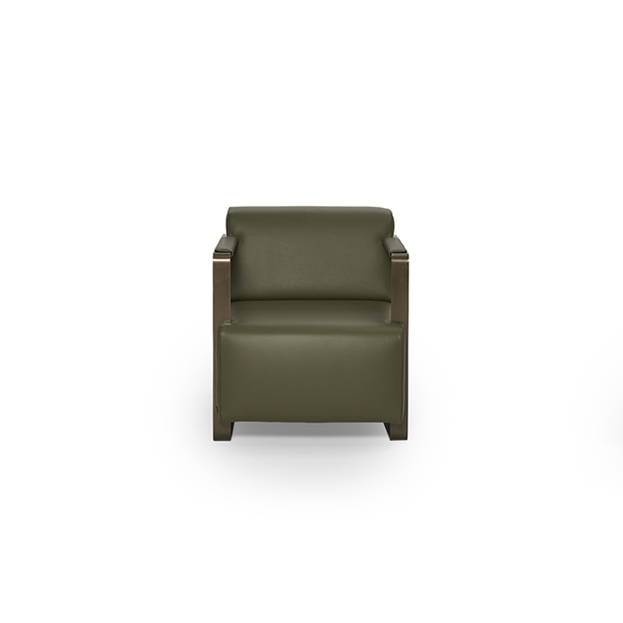 Modern green leather armchair with sleek wooden accents for stylish living spaces.