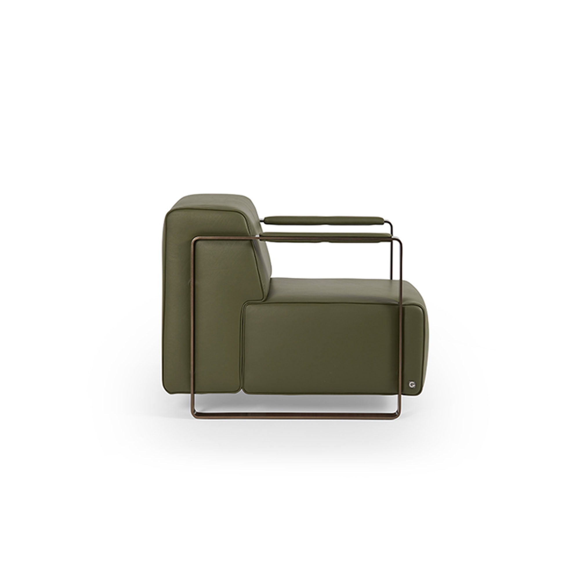 Green modern lounge chair with sleek metal armrests, stylish and comfortable for contemporary interiors.