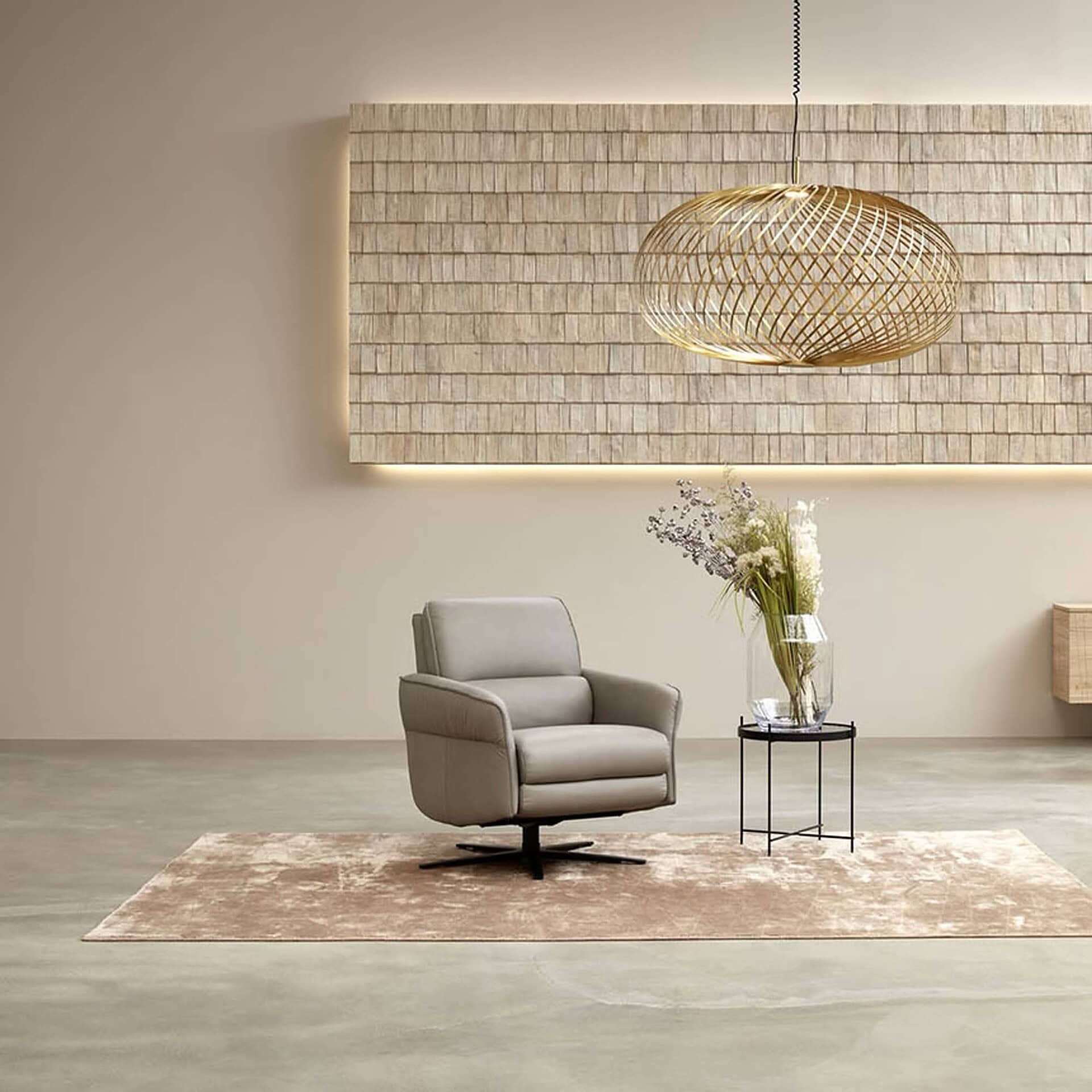 Aura 8536 Recliner Chair in a neutral finish placed in a contemporary living room.