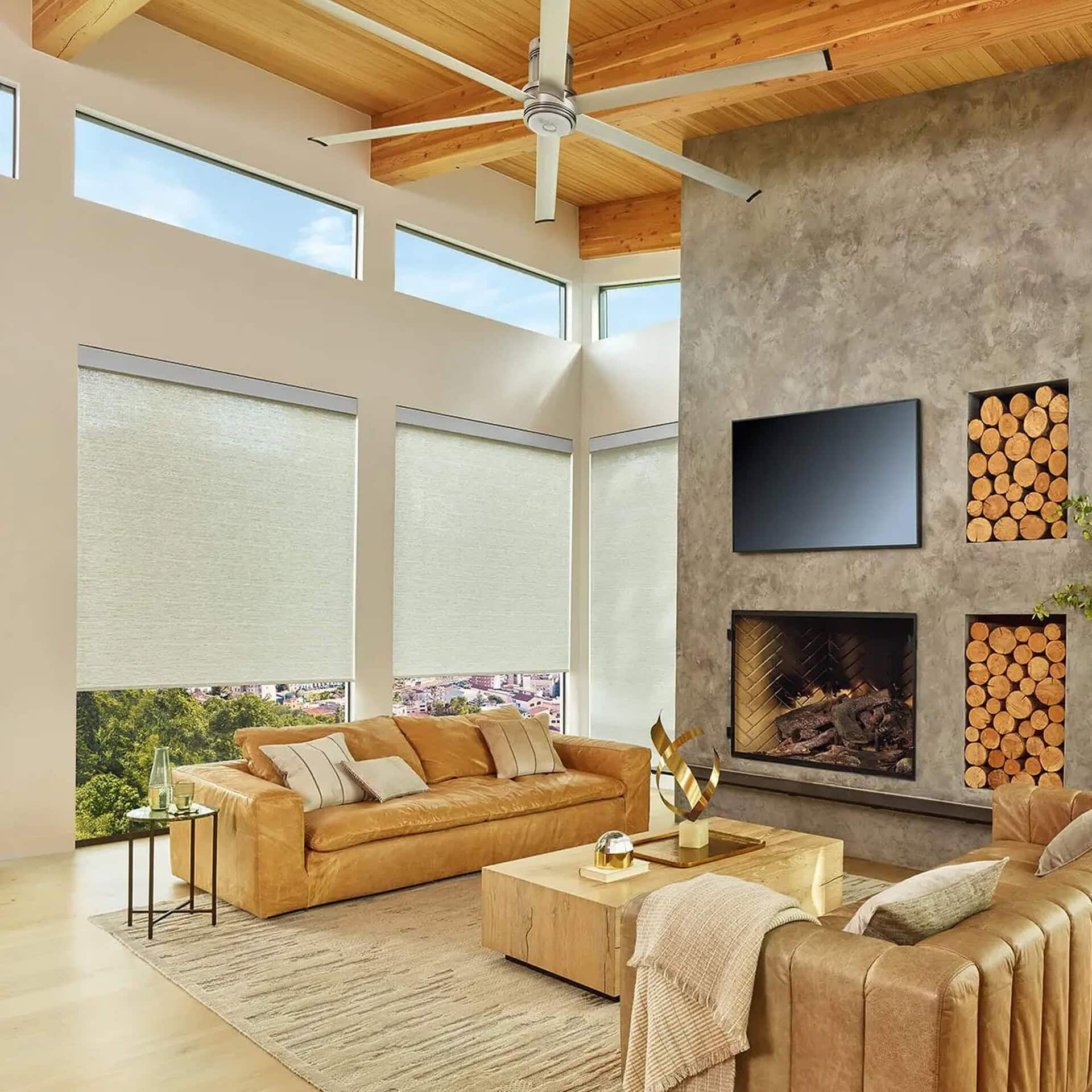 a living room with a fireplace and a couch
