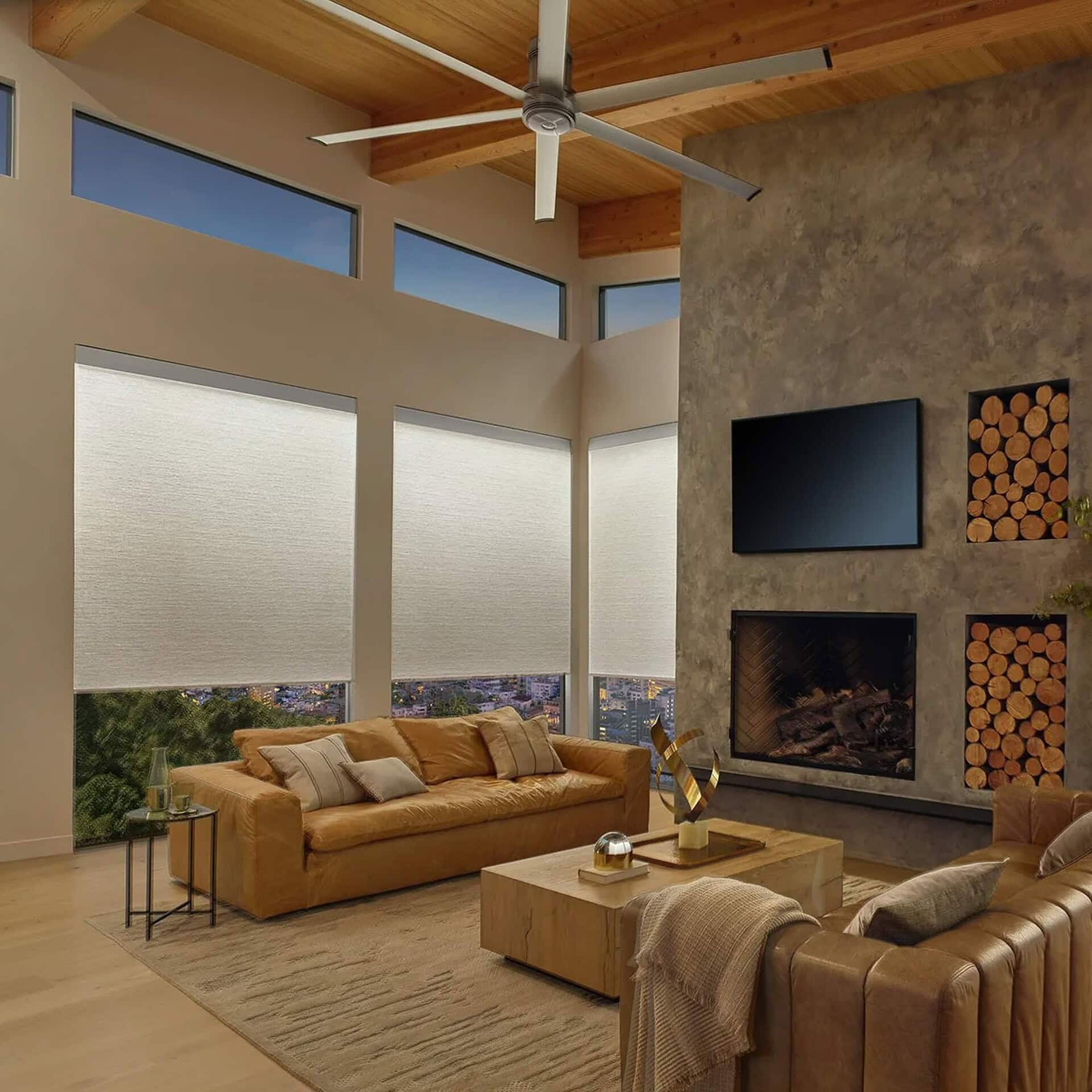 a living room with a fireplace and a couch