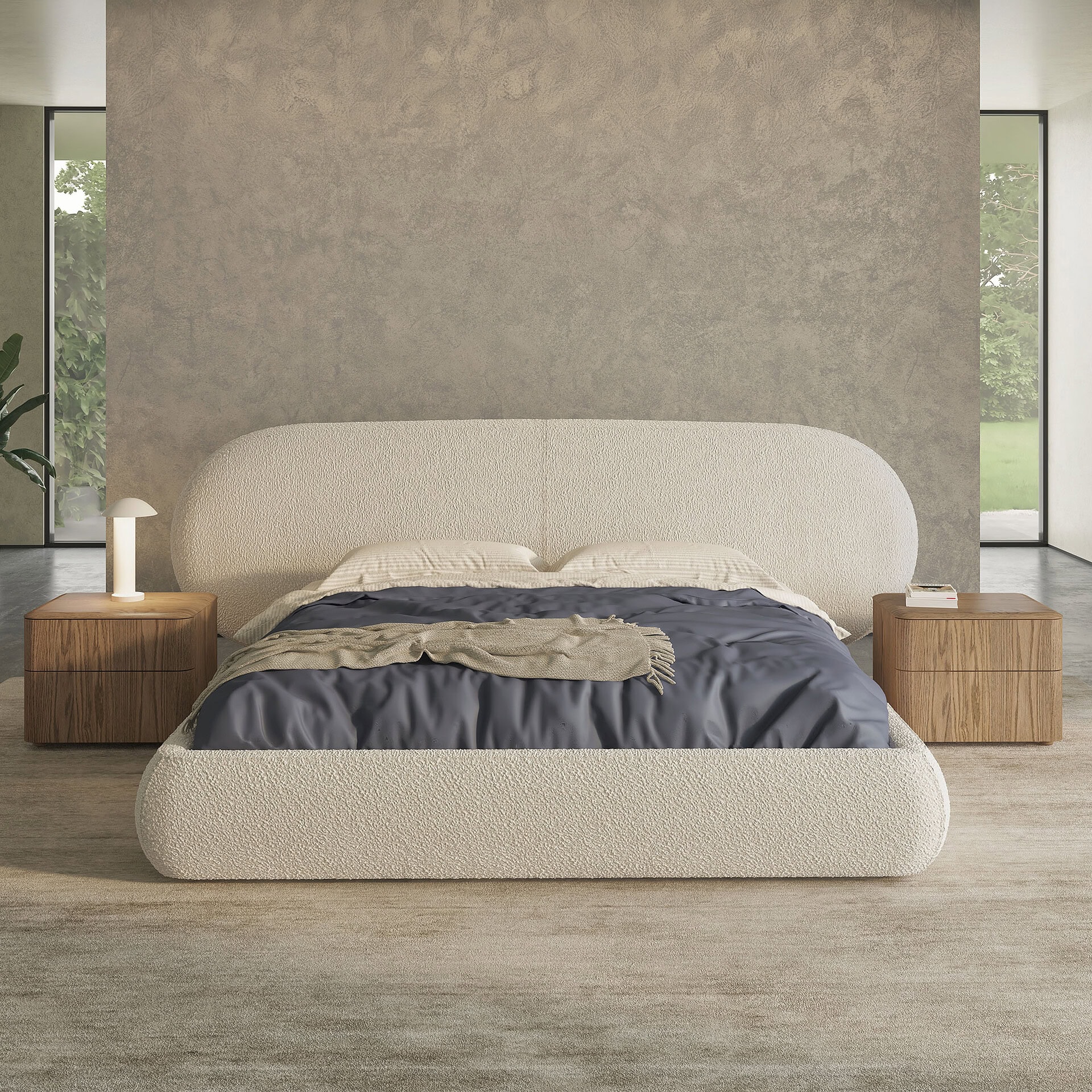 Modern Simone upholstered platform bed with soft fabric finish and minimalist design.