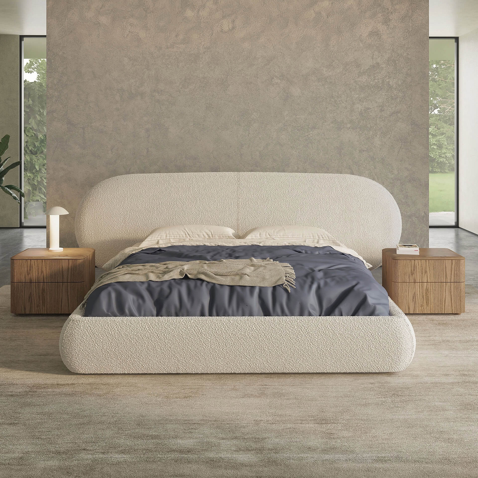 Modern Simone upholstered platform bed with soft fabric finish and minimalist design.